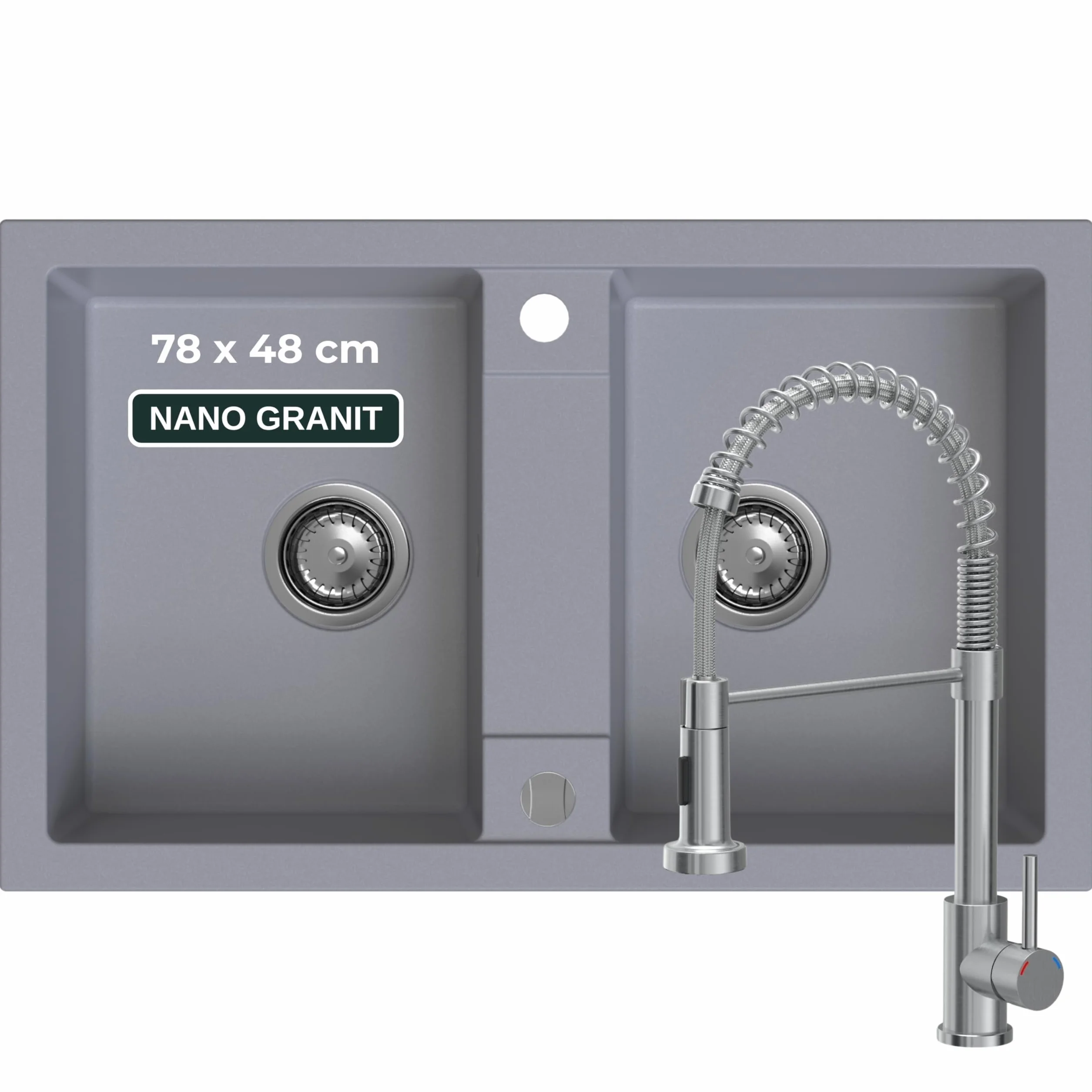 SINK QUALITY podwójny zlew szary z armaturą, zlewozmywak granitowy podwójny 78 x 48 cm, podwójny zlewozmywak z syfonem i substancją impregnującą, 2 umywalki zlewozmywaki kuchenne od 80