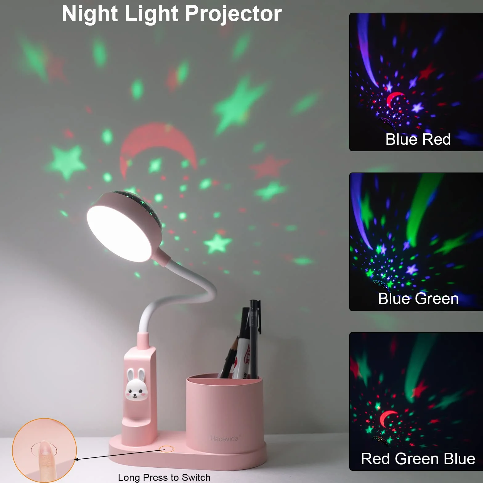 Lampka biurkowa dla dzieci, nocna z uchwytem na długopis, LED, Kawaii, zmiana koloru automatyczna, przyciemniona do czytania