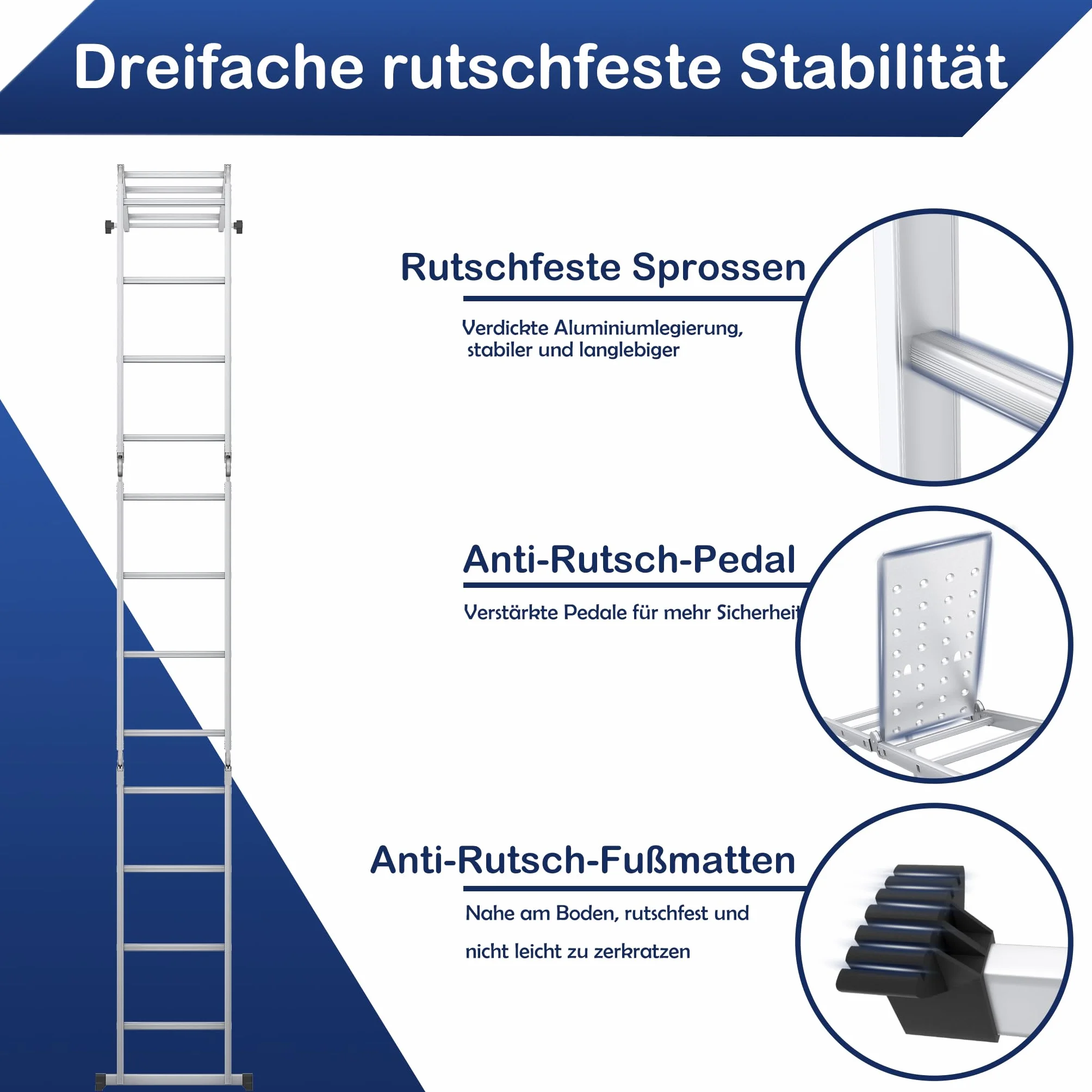 Aufun Aluminiowa drabina uniwersalna 470 cm 6 w 1 drabina aluminiowa, Drabina przegubowa z platformą 4x4 stopnie aluminiowa wielofunkcyjna schodowa,obciążenie 150 kg