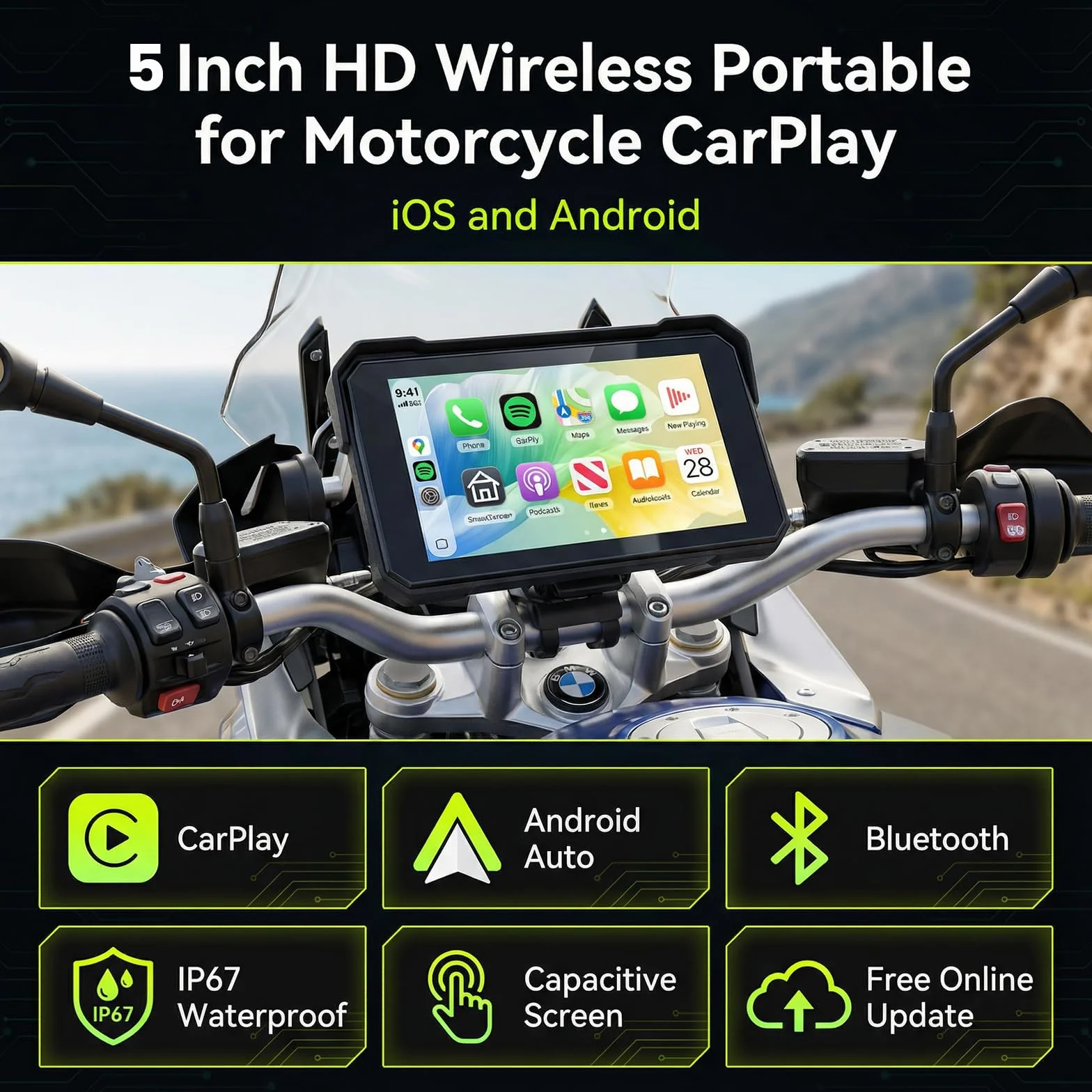 Rimoody Moto Carplay, bezprzewodowe radio samochodowe z systemem Android, z ekranem dotykowym o przekątnej 5", wodoszczelność IP68, z funkcją rozpoznawania ciśnienia w oponach, karta pamięci 12 V