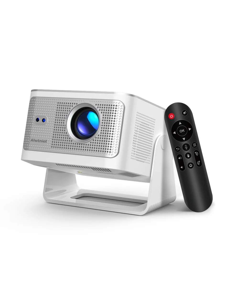 Alwtniet Mini projektor 4K 8K, obsługa Full HD 1080p, Smart Projector z systemem Android 14, WiFi 6 Bluetooth 5.4, autofokus, automatyczne ustawianie ostrości, 180°, małe kino domowe, ultrakrótki
