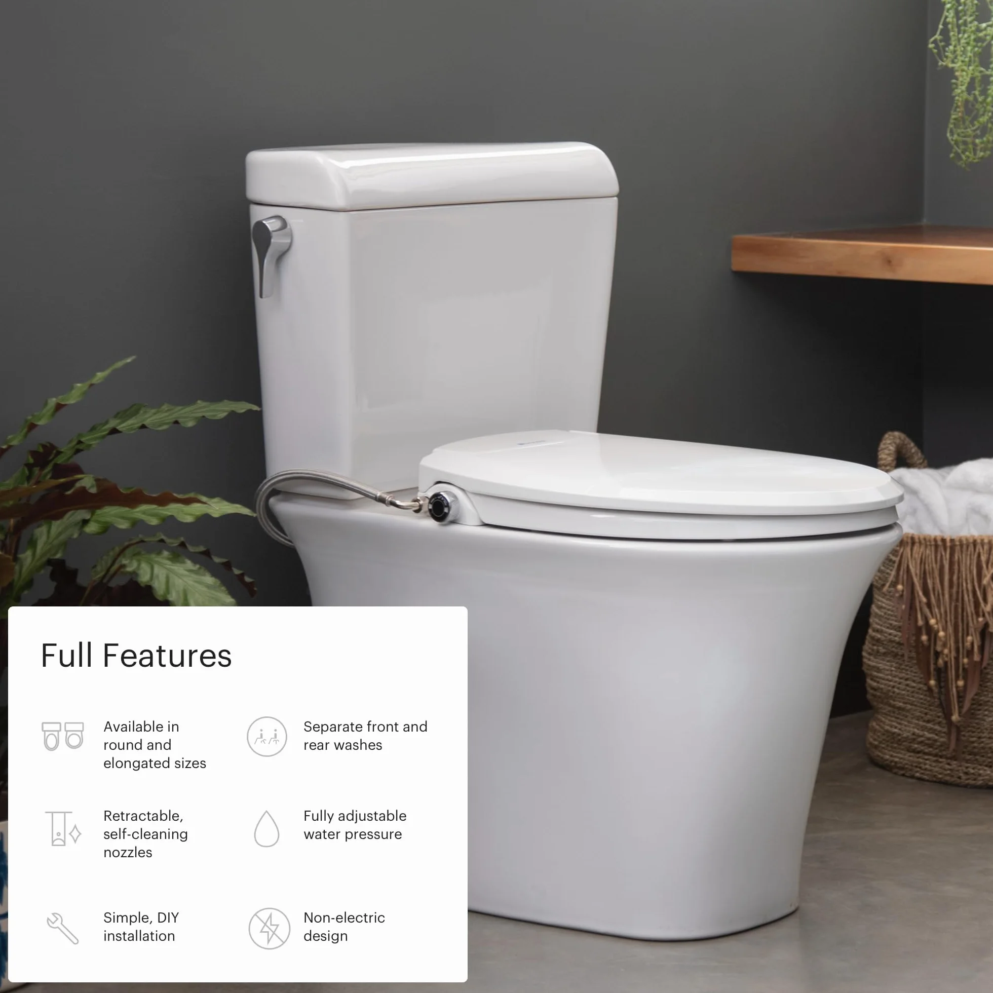 Brondell Bidetowa deska sedesowa, nieelektryczna, pasuje do okrągłych toalet, biała – system podwójnej dyszy, temperatura wody otoczenia, bidet z łatwą instalacją