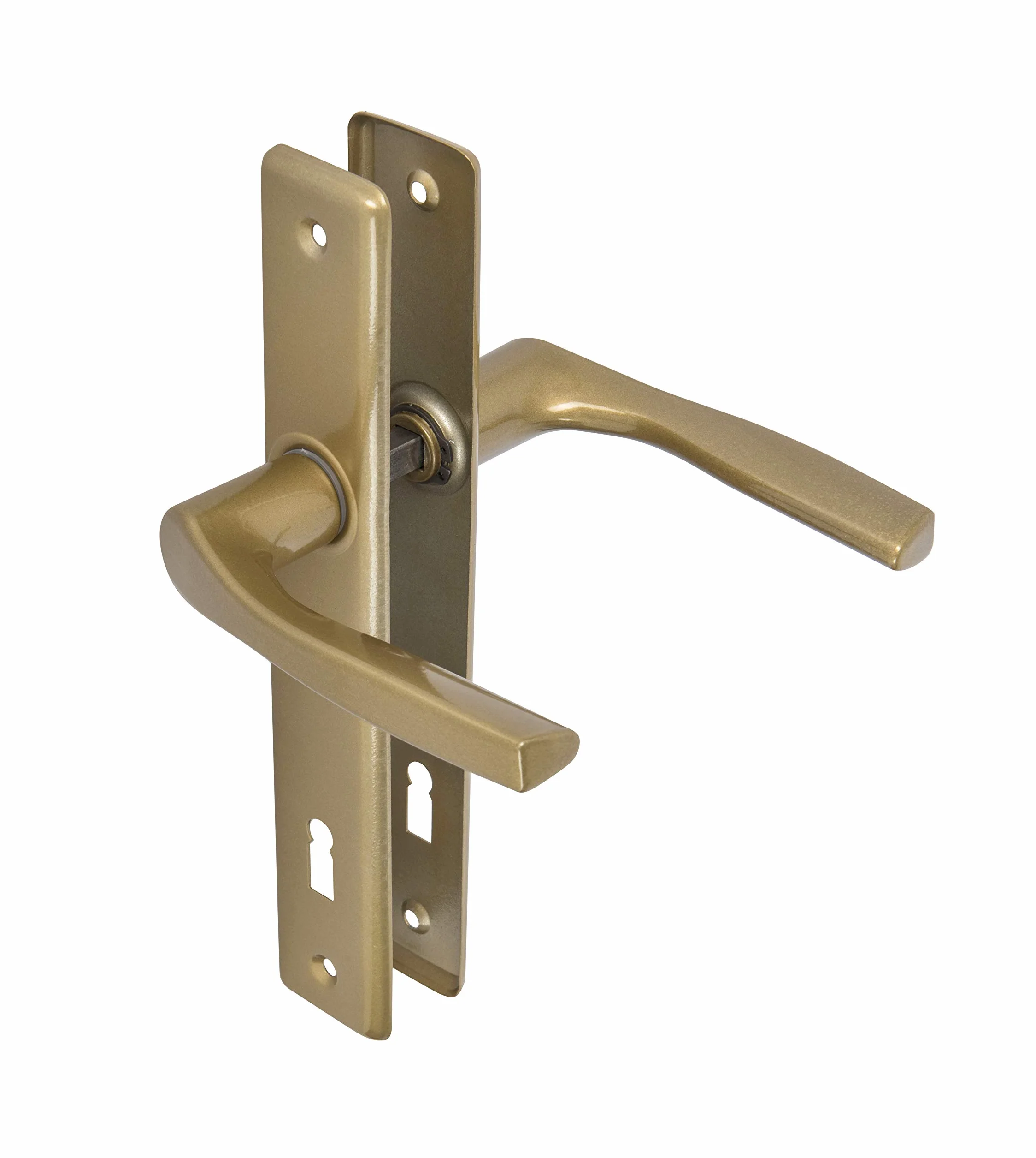 ADGO Klamka Drzwiowa Zestaw Klamek Prawa i Lewa do Drzwi na Klucz 90 mm Prostokątna, Klamka Aluminiowa do Wąskiego Zamka, Szyld Stalowy Malowana Proszkowo Ocynkowana, Złota, 1 sztuka