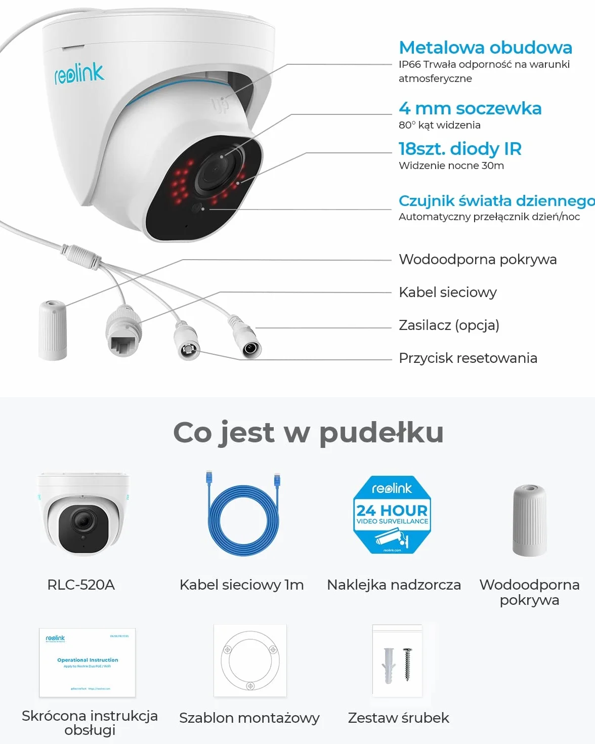 Reolink Kamera 5MP PoE z Wykrywaniem Ludzi/Pojazdów, Noktowizorem, Wodoodporną Zewnętrzną Kamerą Bezpieczeństwa, Upływ Czasu, Nagrywaniem Dźwięku, Gniazdem Karty microSD, 2-Pak RLC-520A