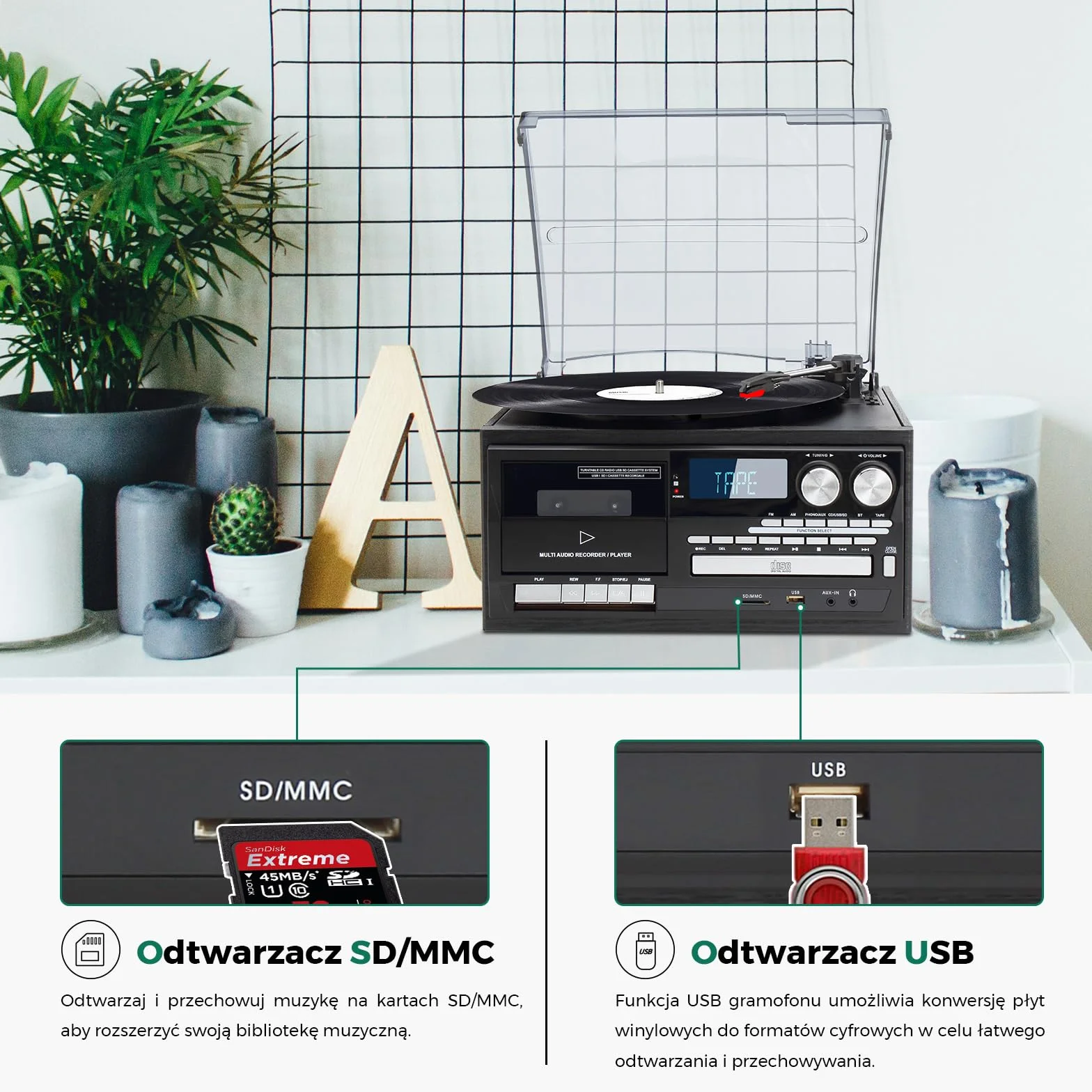 Gramofon z Bluetooth 3-biegowy odtwarzacz winyli CD kaset radio AM/FM USB SD MMC czarny
