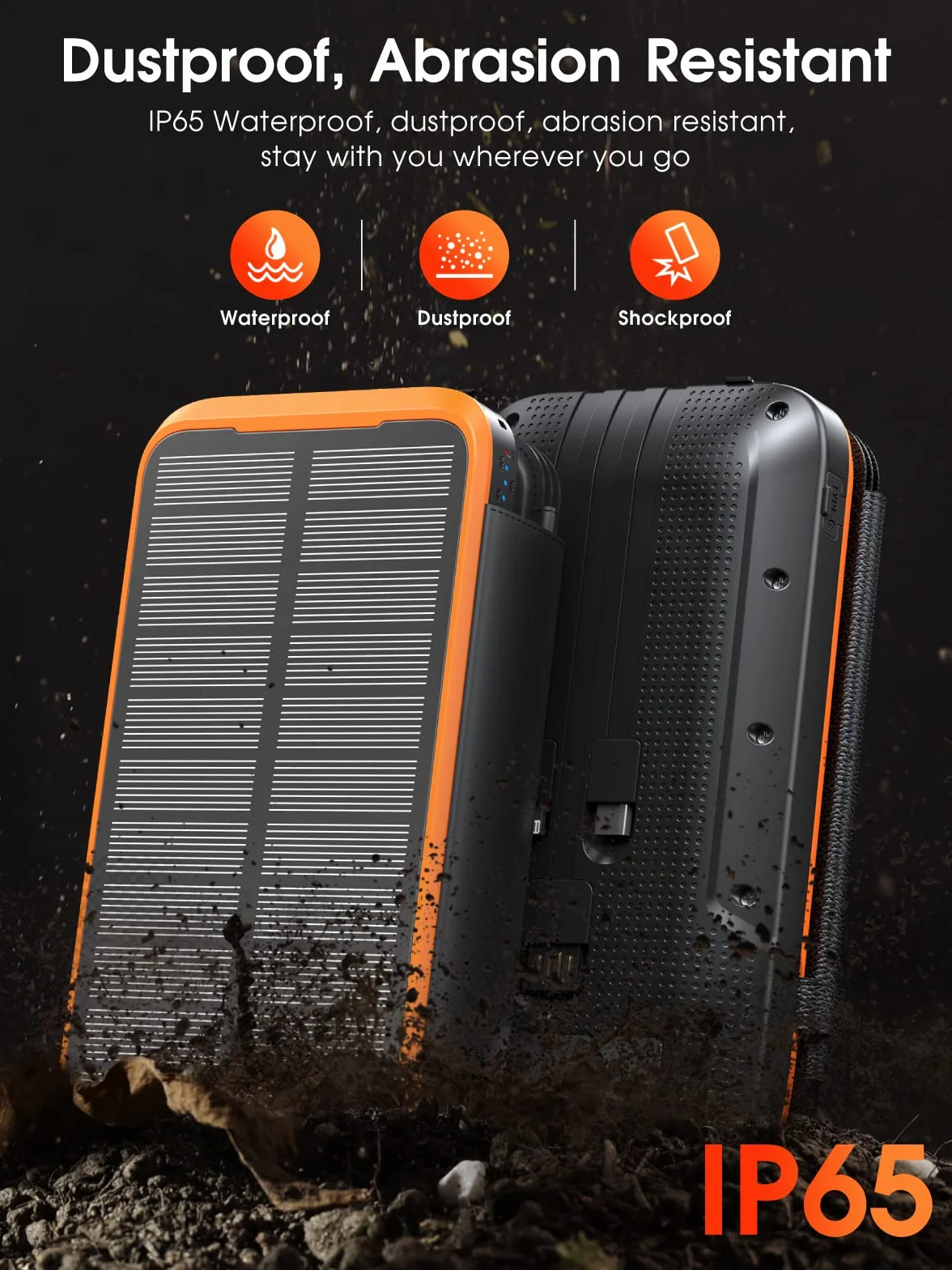 Solarna bateria zewnętrzna 20 000 mAh z 4 panelami słonecznymi, wodoodporna bateria zewnętrzna z 3 kablami i 3 latarkami LED do smartfonów, tabletów, kempingów (pomarańczowa)