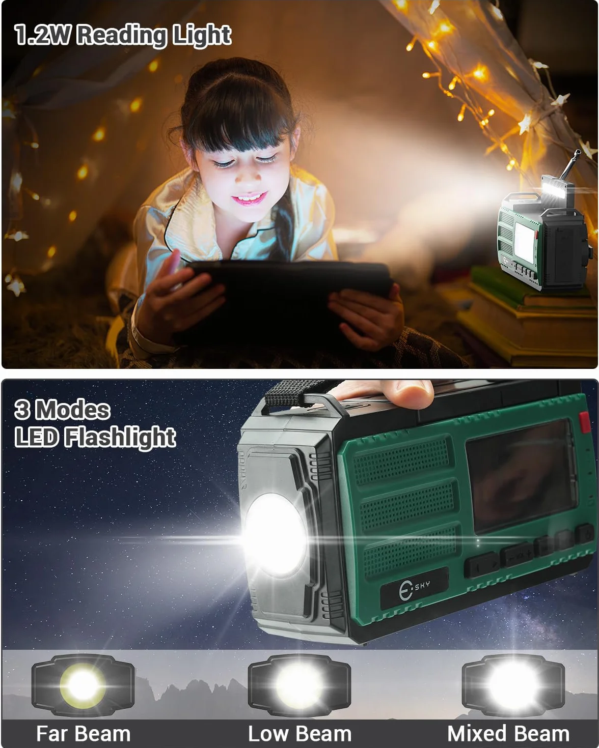 Esky 10000 mAh radio awaryjne AM/FM z powerbankiem, latarką, lampą do czytania, alarmem SOS i kompasem, ładowanie USB/słoneczne/korbą ręczną