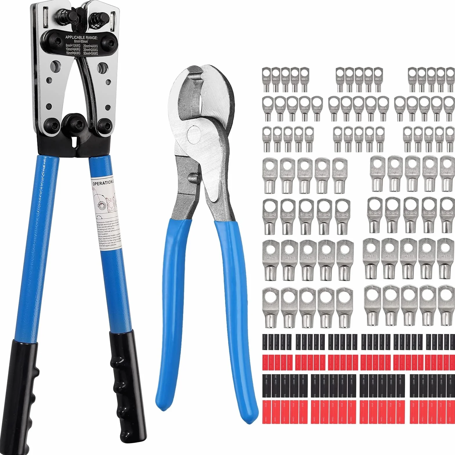 Proster szczypce do zaciskania 6-50 mm² z zaciskami elektrycznymi z pierścieniem miedzianym i rurą termokurczliwą regulowane narzędzie do zaciskania kabli 10-0AWG