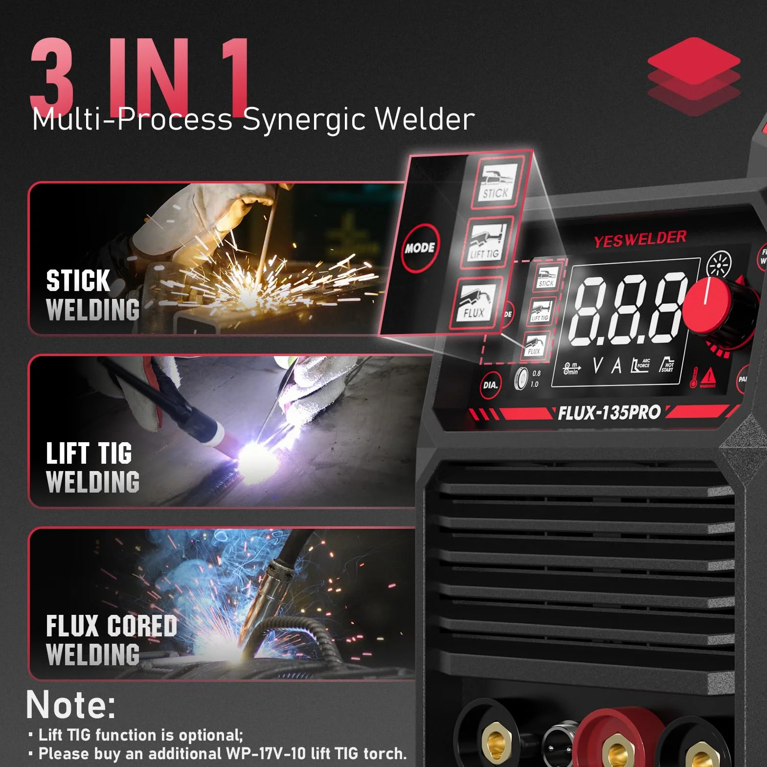 YESWELDER 135A MIG Spawarka bez Gazu 230V Flux 3 w 1 MIG/Lift TIG/Stick Inverter