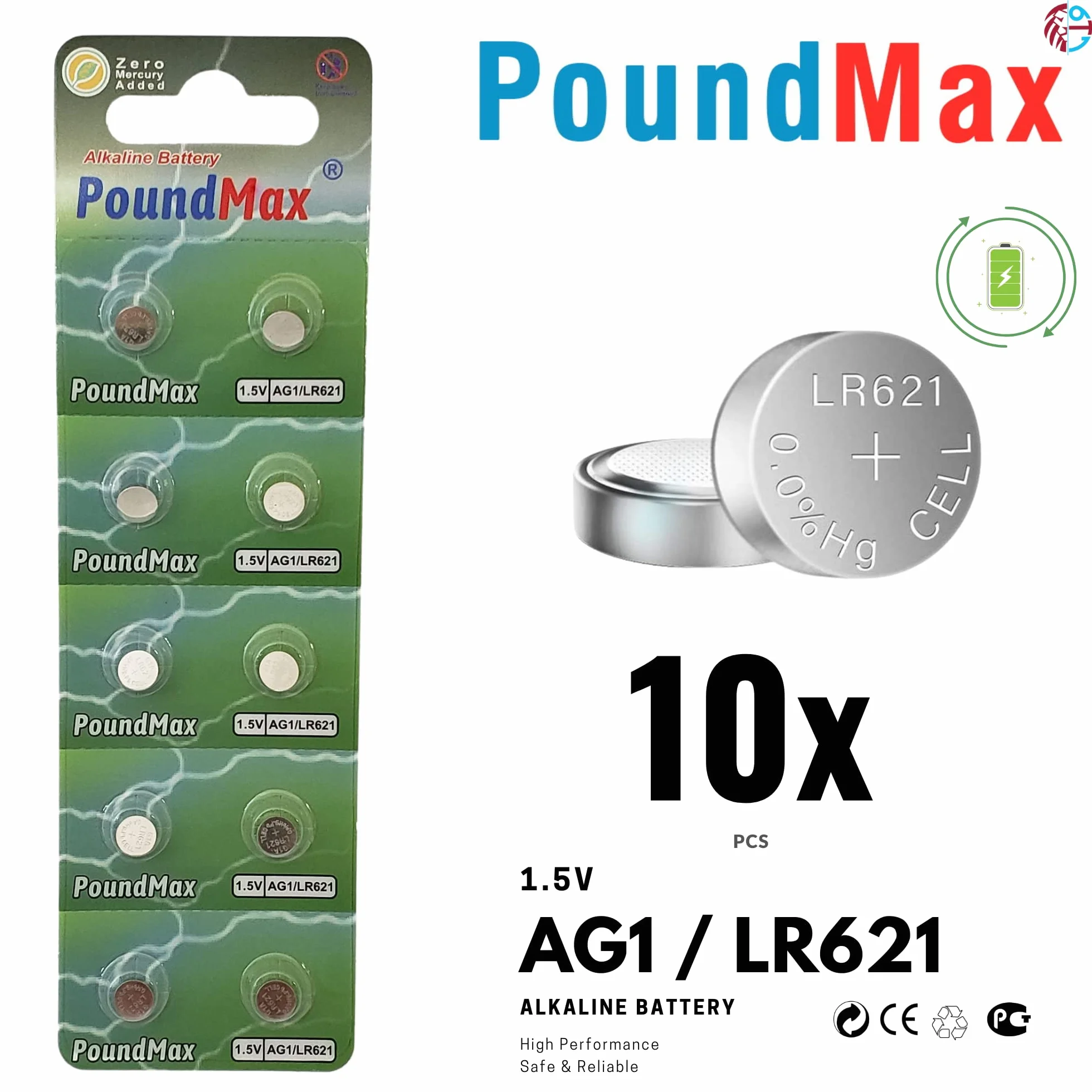 10 x AG1 364 363 LR621 SR621SW 1,5 V PoundMax alkaliczna bateria guzikowa