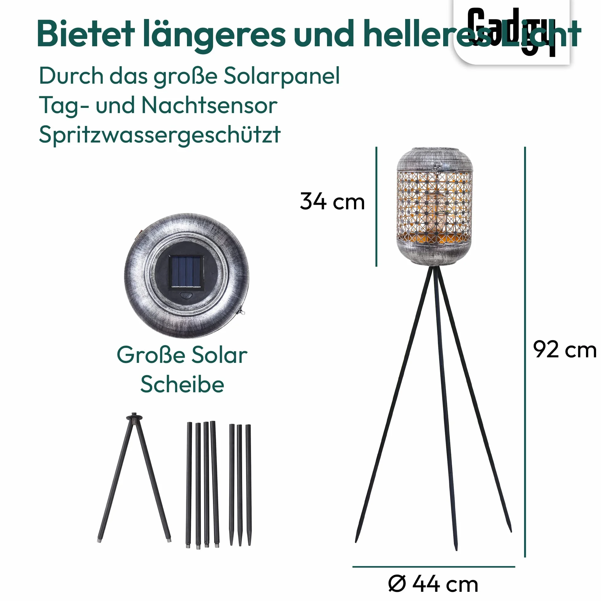 Gadgy Zewnętrzna Lampa Stojąca LED Solarna – Wodoodporna Lampa Trójnóg do Ogrodu, Balkonu i Tarasu – Zrównoważone Oświetlenie LED na Zewnątrz