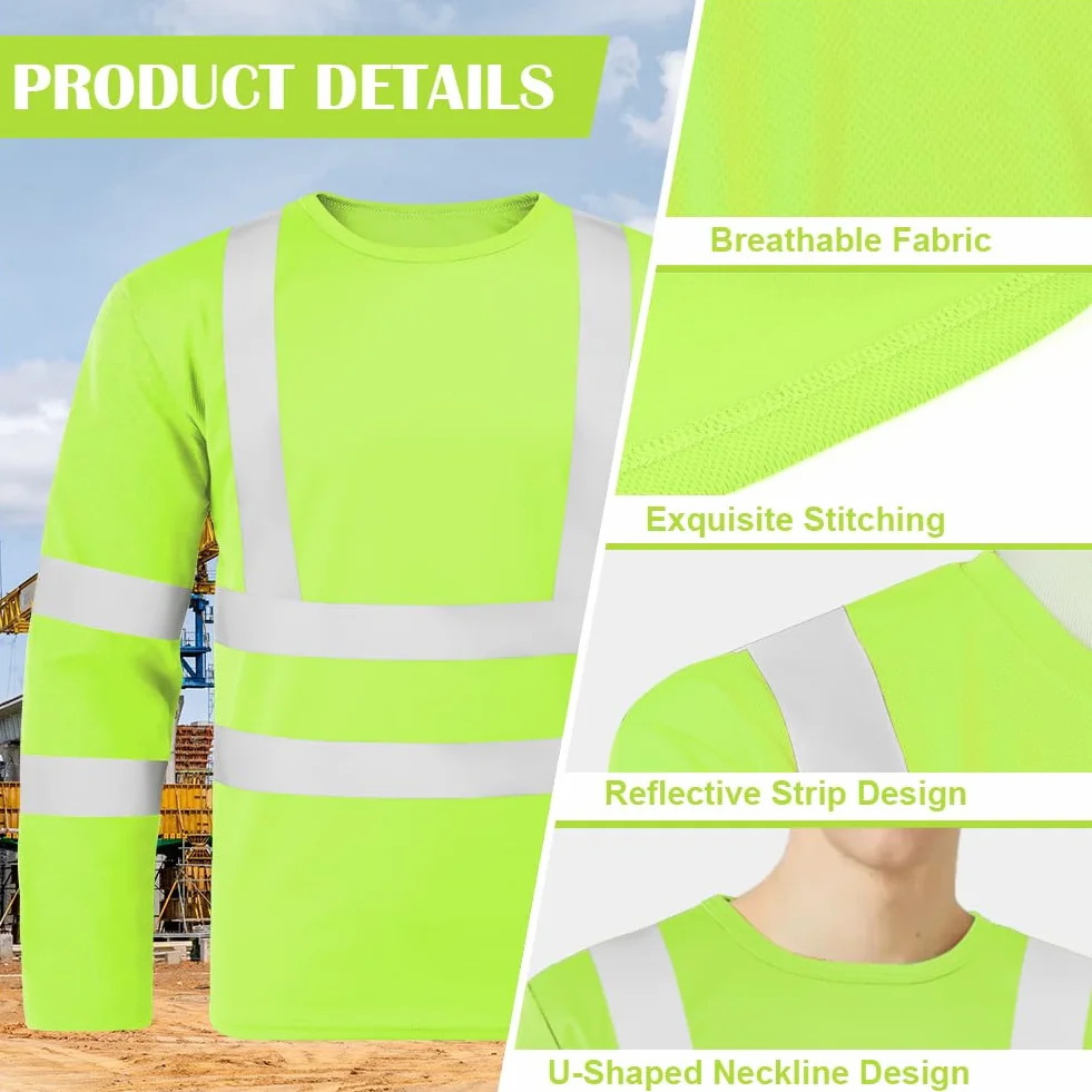 Koszulka z długim rękawem Hi Vis dla mężczyzn, męska bluza z okrągłym dekoltem, odblaskowa taśma zabezpieczająca okrągły dekolt, lekka odzież robocza i bezpieczna odzież robocza, sweter