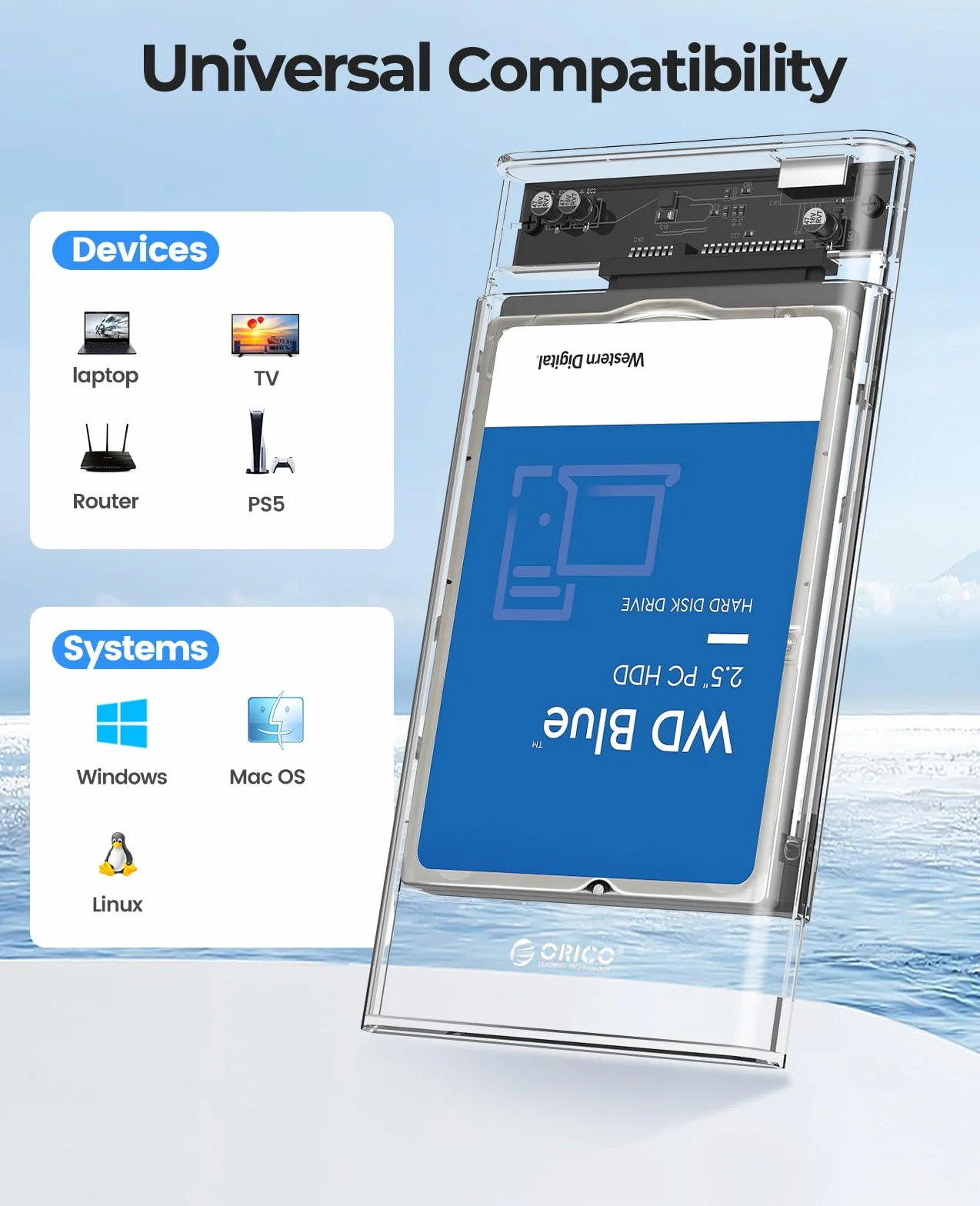 ORICO 2139U3 Obudowa dysku twardego 2,5”, USB 3.0 na SATA 3.0, zewnętrzna obudowa do SATA HDD i SSD 2,5” 7 mm i 9,5 mm, bez narzędzi, przyspieszenie UASP (kolor: przezroczysty)