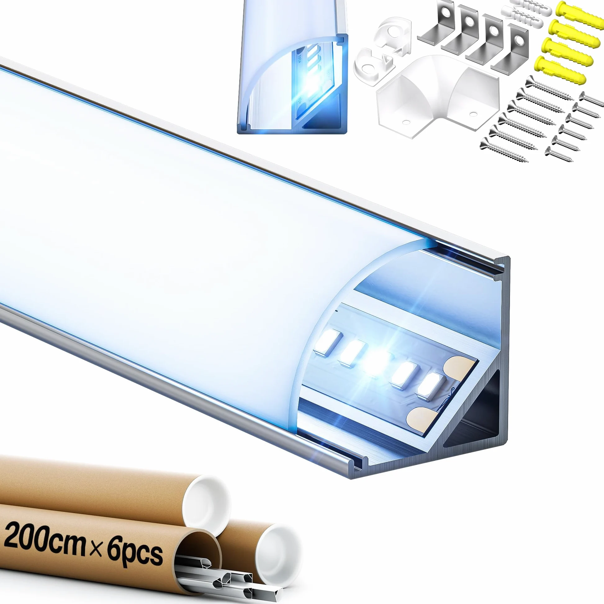 Profil aluminiowy LED, 2 m x 20 (łącznie 40 m), profil narożny LED w kształcie litery V 45 stopni do taśm LED, listwa sufitowa LED, szyna sufitowa LED i dyfuzor, z zaślepkami i klipsami