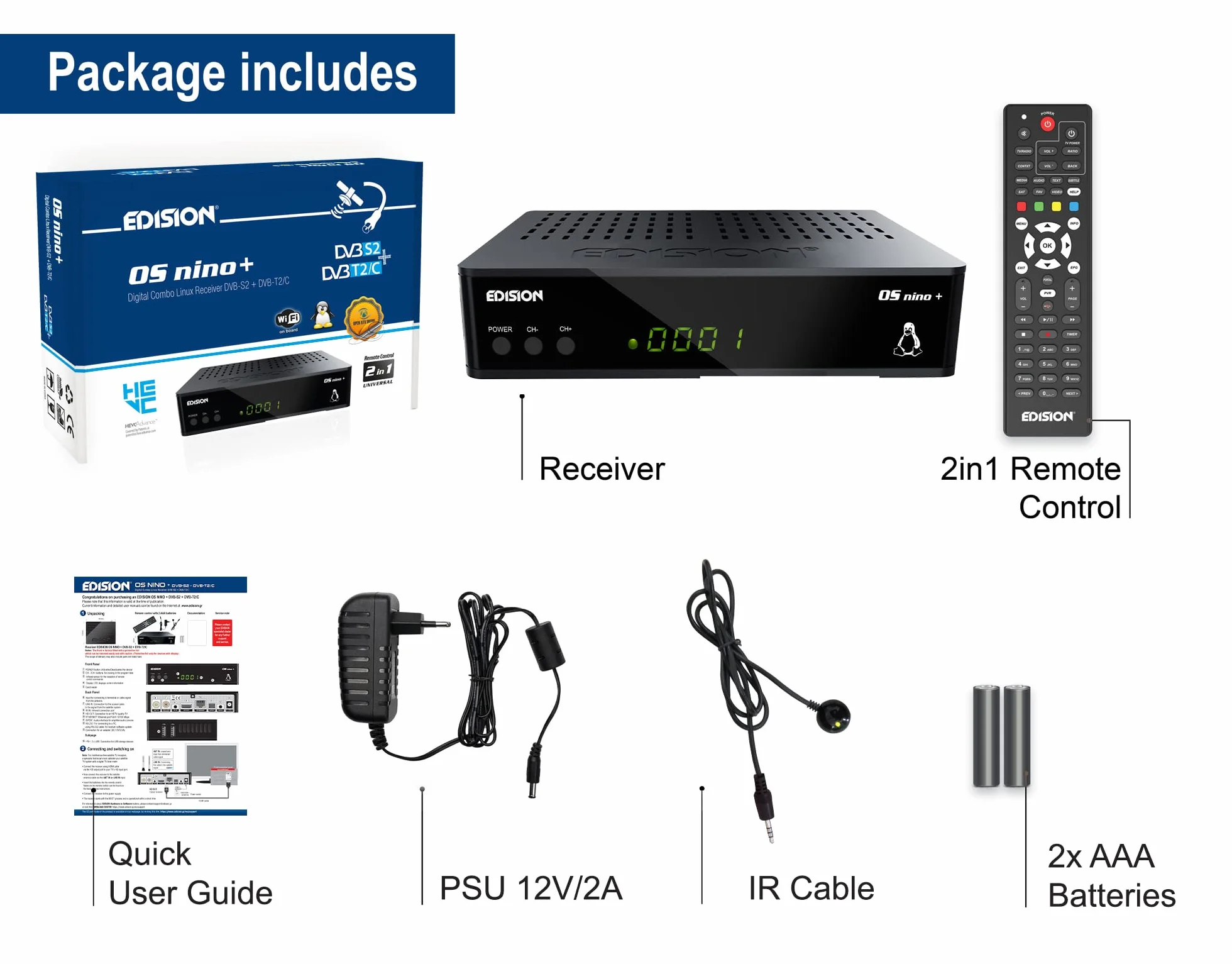 Edision OS NINO+ Full HD Linux E2 odbiornik Combo H.265/HEVC DVB-S2 DVB-T2/C WLAN Bluetooth czarny