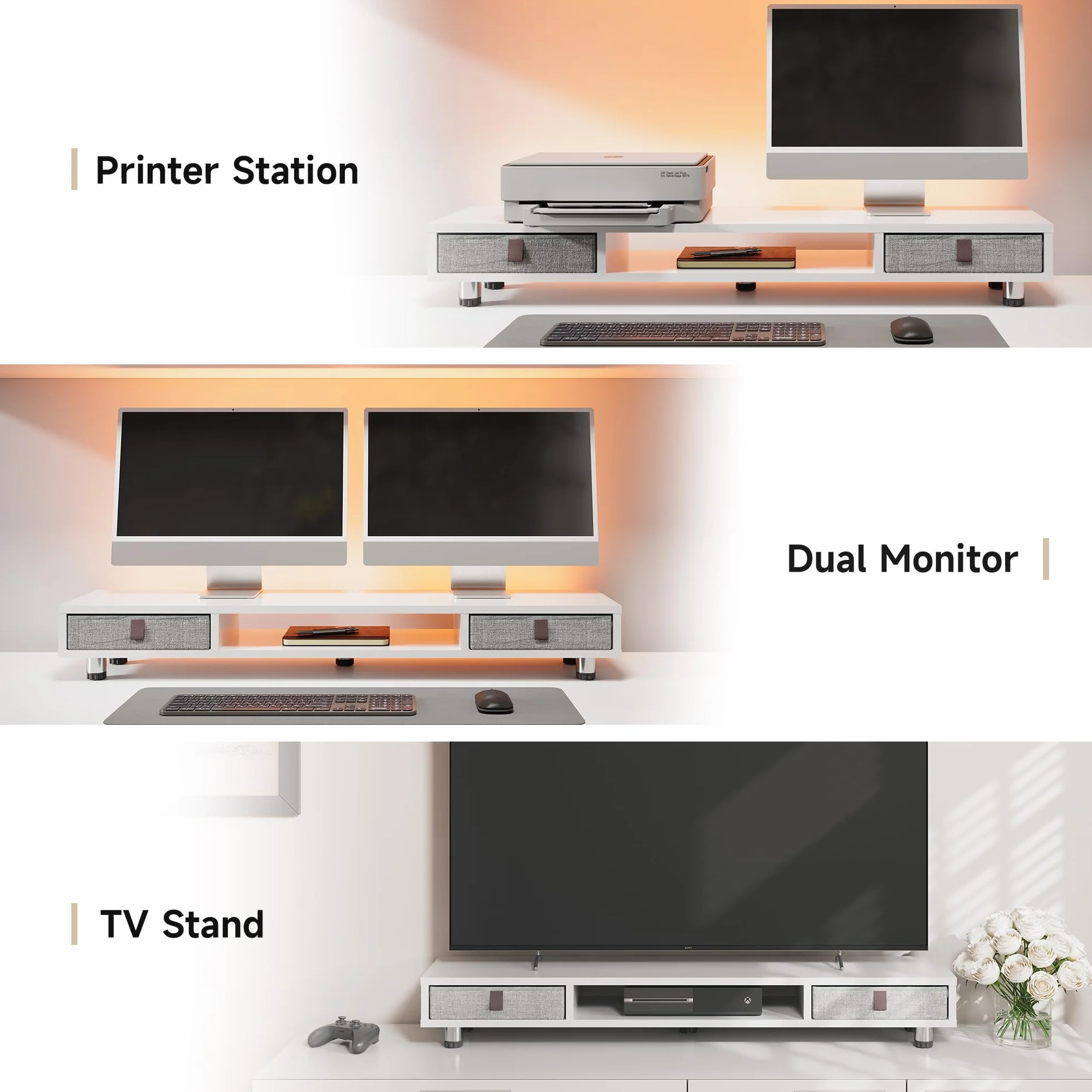 Fenge Podwójny stojak na monitor z 2 szufladami, regulowany, 108 x 23,5 x 15,2-16,7 cm, biały