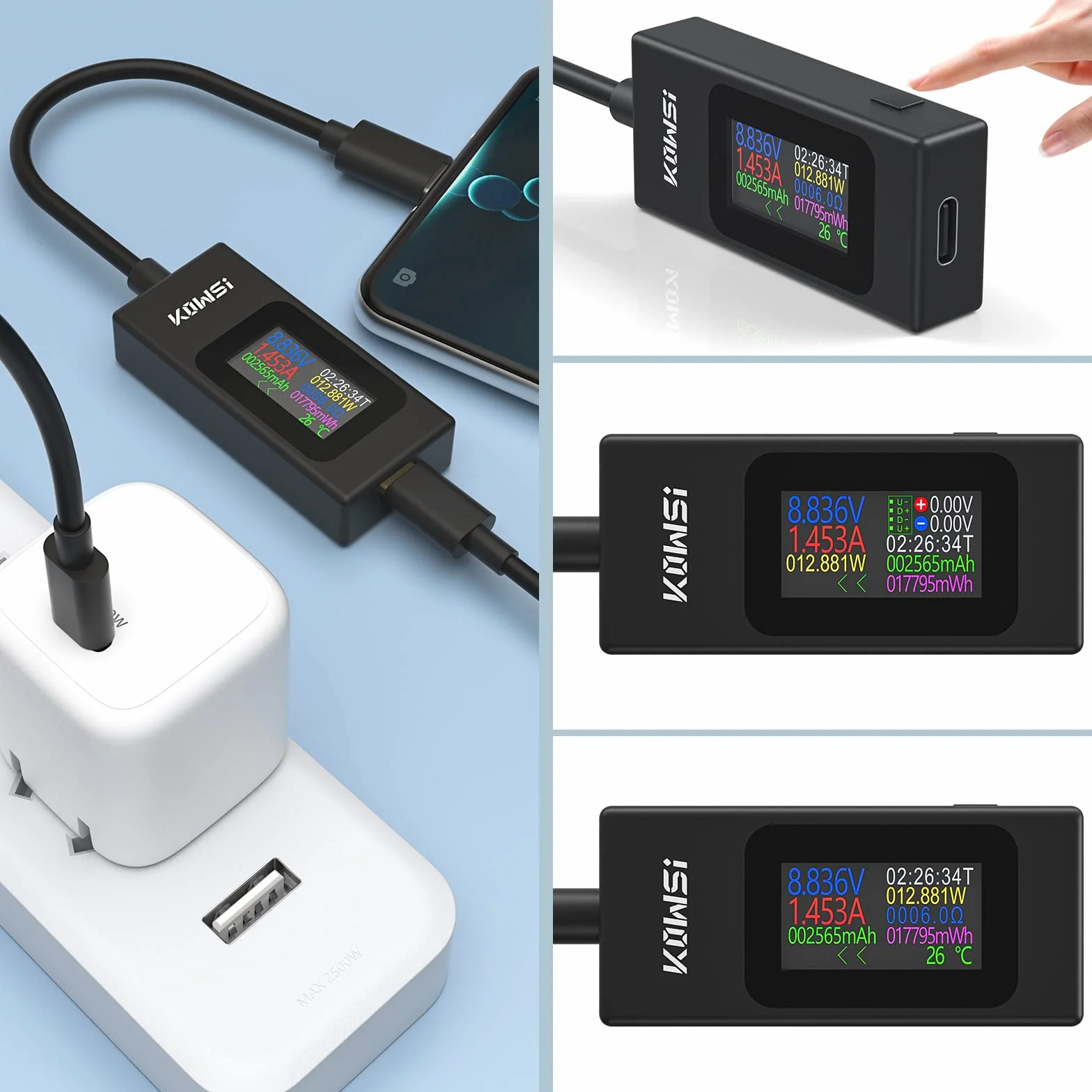 YOJOCK USB C Tester Miernik Mocy 4-30V 0-6.5A Miernik Napięcia i Prądu Multimetr, Pojemność USB, Temperatura, Czas Pracy Amperomierz Woltomierz Detektor ładowarki Banku Mocy