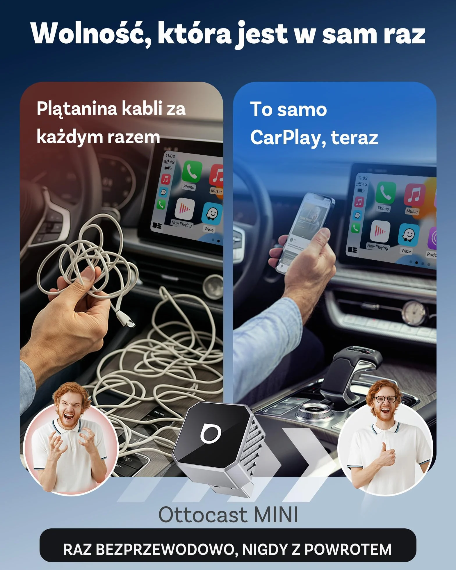 2026 Upgrade Ottocast Mini Cube, Bezprzewodowy Adapter CarPlay & Android Auto, Plug & Play, 2.4G+5G, Automatyczne Ponowne Połączenie, Kompatybilny z autami po 2016 z przewodowym CarPlay/Android Auto