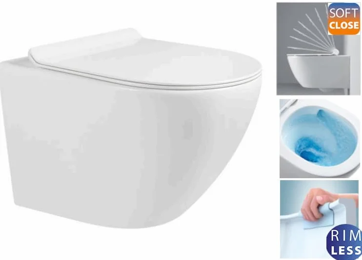 Wall-Hung Rimless Toilet with Tornado Flush, Includes White SLIM Soft Close Seat