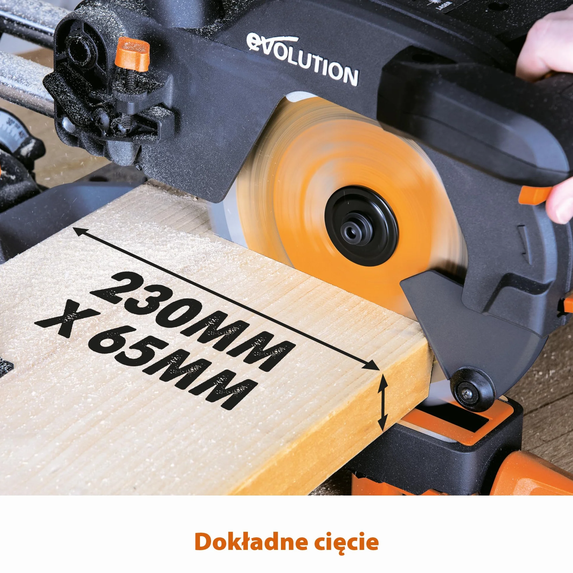Evolution Power Tools Przesuwna ukośnica do cięć złożonych Plus R210SMS+ – w zestawie tarcza do różnych materiałów, tnie drewno, metal, plastik i inne, cięcie z nachyleniem i ukośne, 210 mm (230 V)