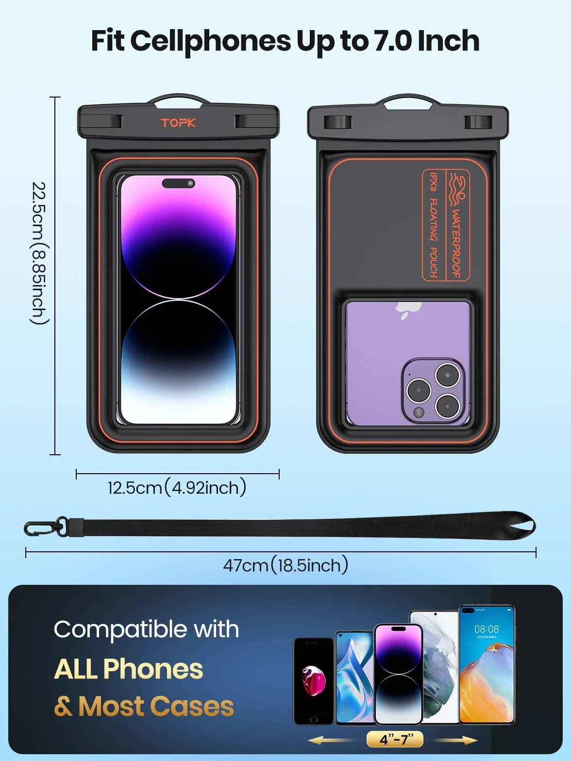 TOPK Wodoodporne etui na telefon IPX8 pływające do 7″ 2 szt. iPhone Samsung