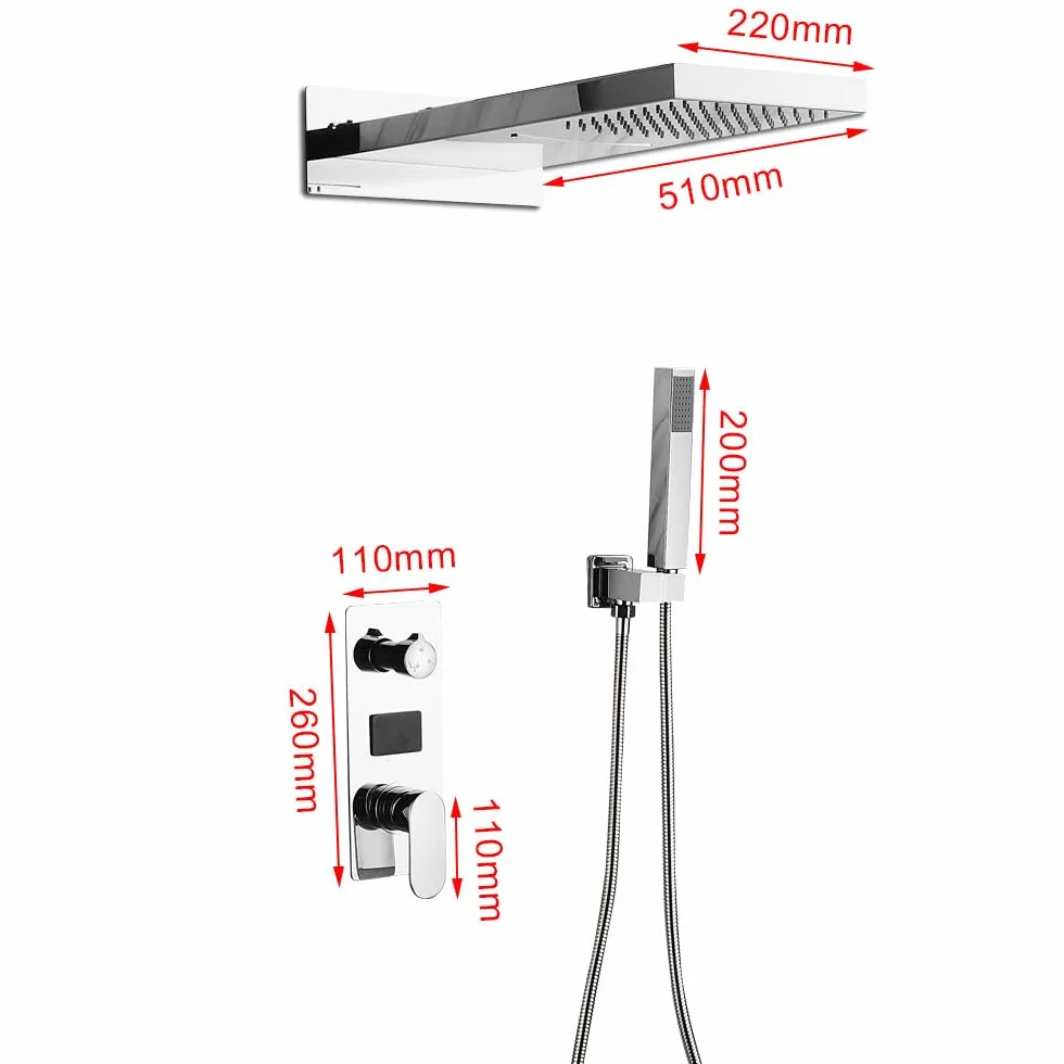 Podtynkowy system prysznicowy z słuchawką prysznicową, armatura prysznicowa LED, zestaw prysznicowy z termostatem, głowica prysznicowa, deszczownica, panel prysznicowy, do masażu, wodospad, srebrna