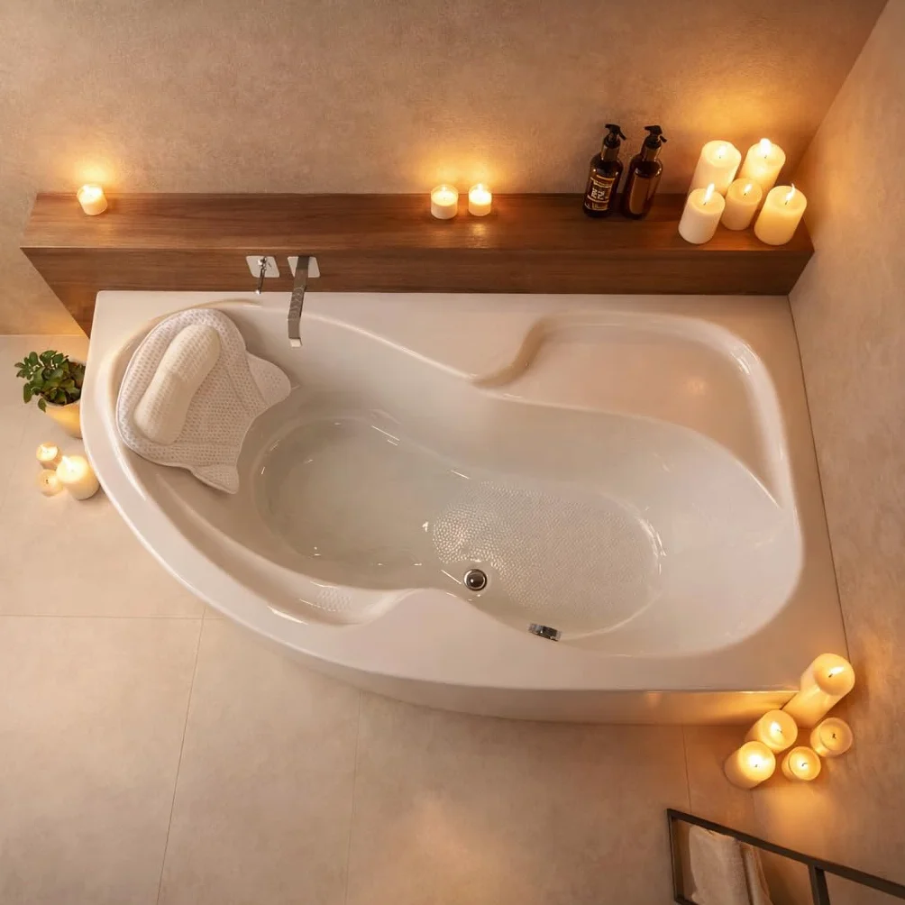 Wanna narożna ECOLAM® WELA 150x100 cm prawa z obudową | Wanna akrylowa Wanna sanitarna akrylowa + obudową akrylową + zagłówkiem Mare + automatycznym odpływem i przelewem | Antypoślizgowa, łatwa w piel