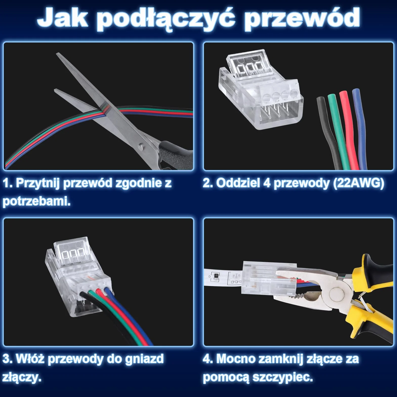 REDTRON Przedłużacz taśmy świetlnej LED 4-pinowy, bez lutowania, zestaw złączy z przedłużaczem 5 m i 10 szt. złączami do taśm LED RGB 10 mm, 5050 RGB