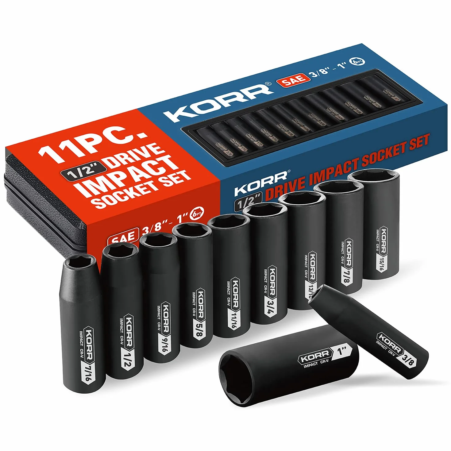 KORR Tools KSS001 zestaw nasadek udarowych 11 szt., 6-punktowy, 1/2-calowy napęd SAE głęboki zestaw nasadek