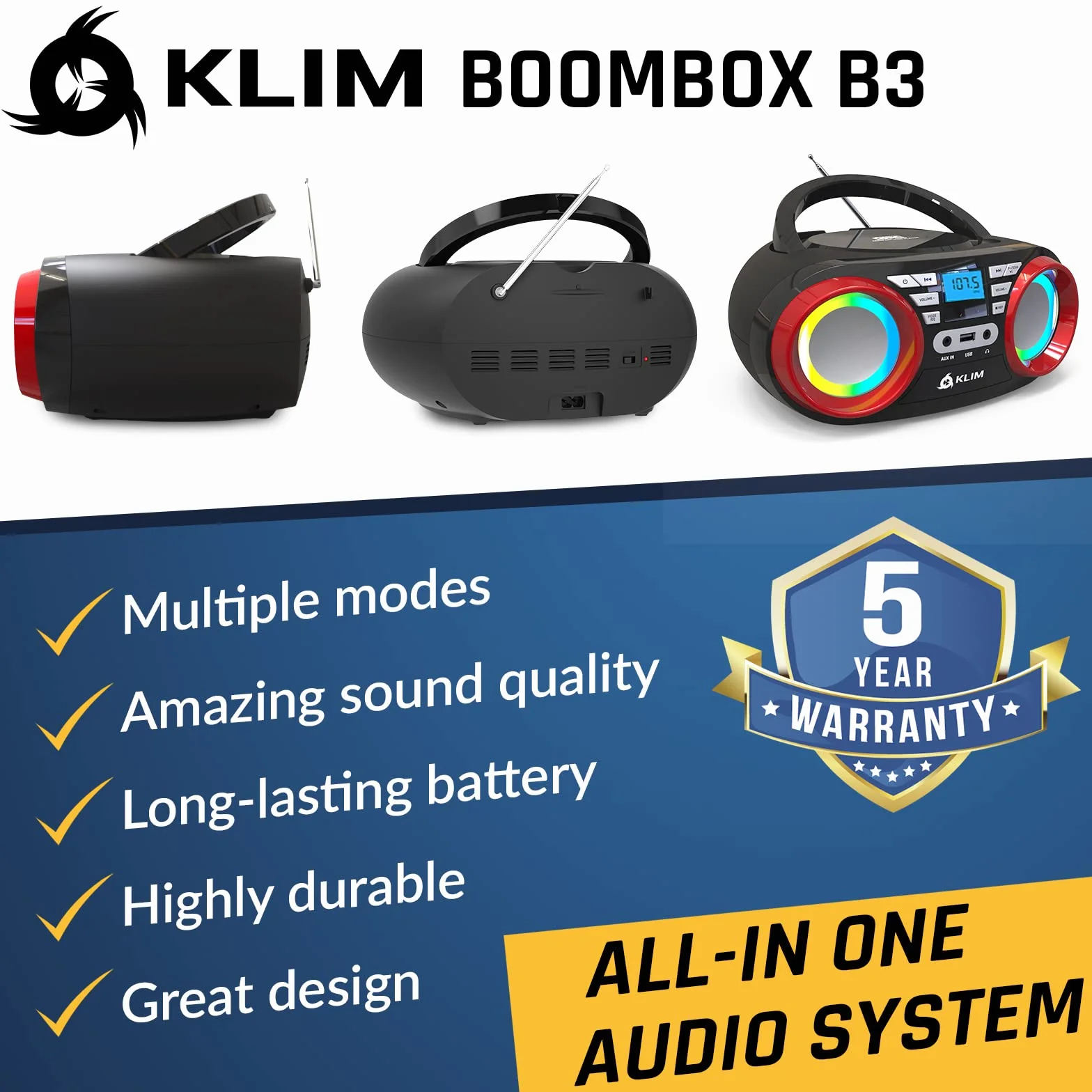 KLIM Boombox B3 Przenośny Odtwarzacz CD - Nowość 2024 - Radio FM, Bluetooth, USB, MP3, Tryb Przewodowy i Bezprzewodowy z Bateriami do Ładowania, Obiektyw Laserowy