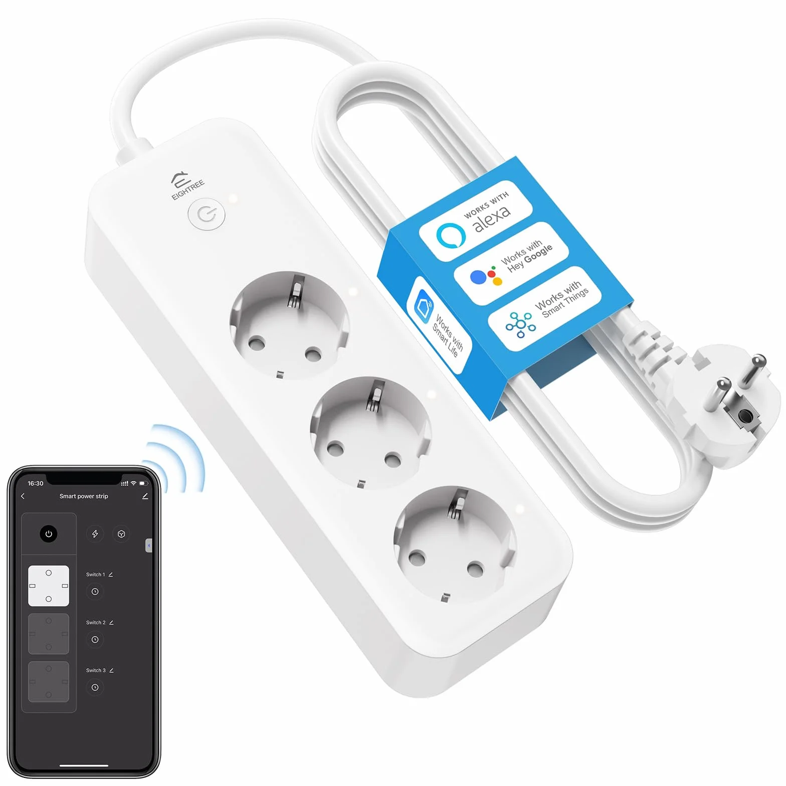 Eightree Smart WLAN Listwa Zasilająca 3x AC Gniazdko z Pomiar Zużycia Prądu Pilot 16A 1.5m Alexa Google Home SmartThings