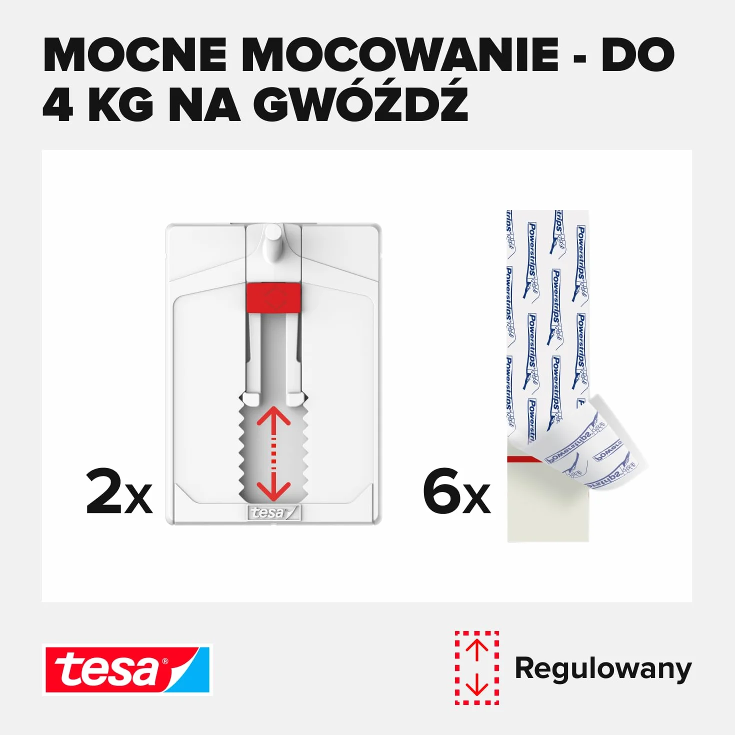 tesa Gwóźdź samoprzylepny do płytek i metalu, regulowany, 2 sztuki – możliwość dopasowania gwoździ do gładkich i twardych powierzchni w łazience i kuchni, siła trzymania 4 kg – zdejmowalne i