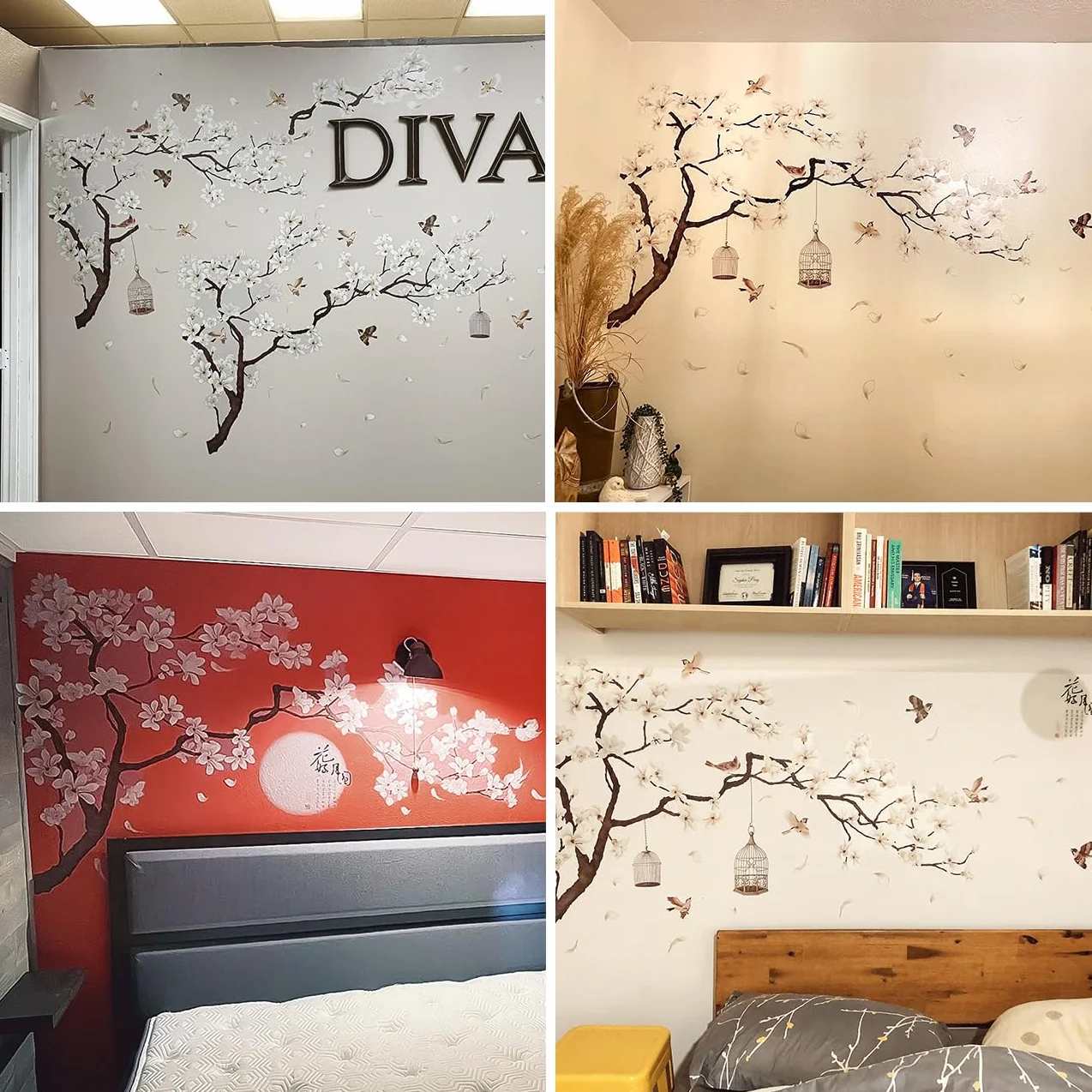 Amaonm chiński styl białe kwiaty czarne drzewo i latające ptaki naklejki ścienne usuwalne DIY sztuka ścienna dekoracje naklejki murale do biura ściany domu sypialni gabinetu dekoracja ścienna, 127 cm x 180 cm