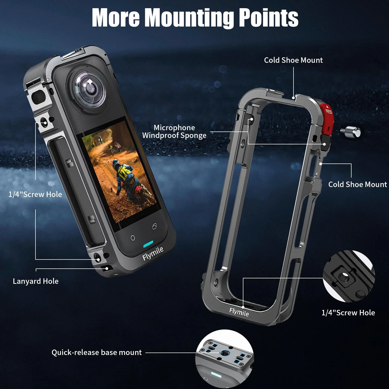 Aluminiowa rama ochronna Insta360 X5 z silikonową osłoną obiektywu, otwór 1/4", zimny but