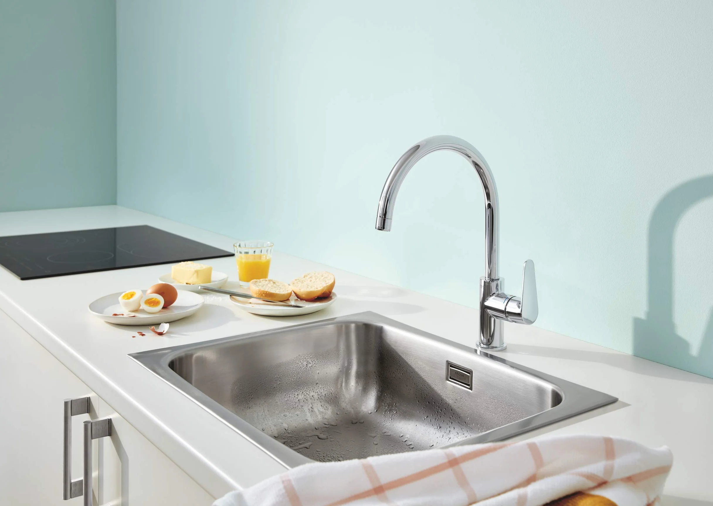GROHE StartCurve 31554001 armatura kuchenna (kran do kuchni, zakres obrotu 360°, oszczędność wody dzięki zmiennemu ograniczeniu ilości, montaż zlewu bez użycia narzędzi), chrom,