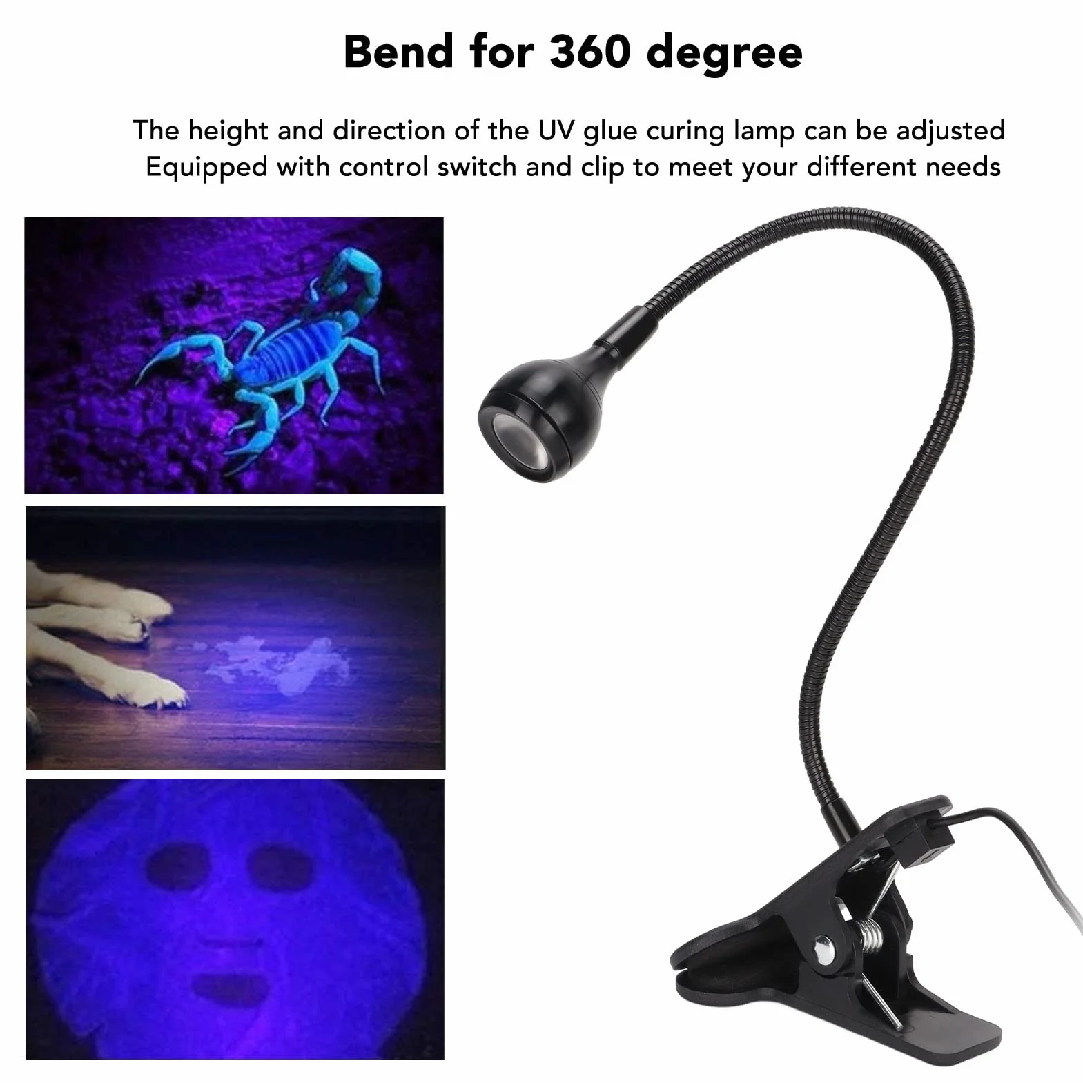 Lampa do utwardzania klejem UV, Przenośne, elastyczne lampy LED 360 ° USB 3W, koraliki UV z gęsią szyją i zaciskiem, Mini lampka biurkowa do paznokci żelowych, naprawy telefonów, wykrywania