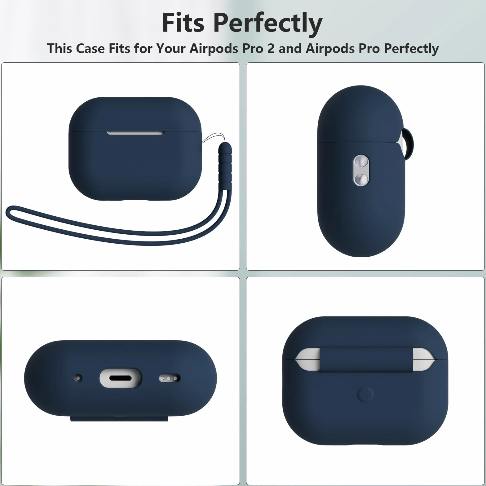 Silikonowe Etui Ochronne do AirPods Pro 2, Niebieski (Midnight), z Zestawem do Czyszczenia i Smyczą