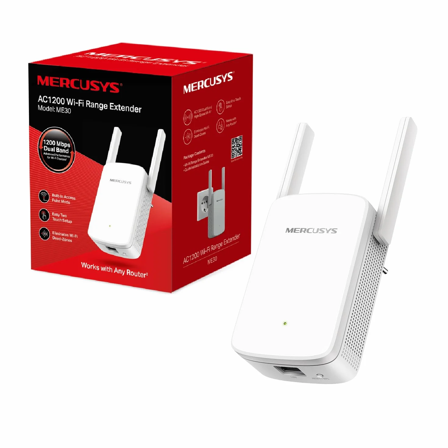 Mercusys ME30 | Wzmacniacz Zasięgu Wi-Fi AC1200 Dual Band | 867 Mb/s (5 GHz) + 300 Mb/s (2,4 GHz) | Adaptacyjny Wybór Ścieżki | WPS | Port Ethernet | Tryb Punktu Dostępowego
