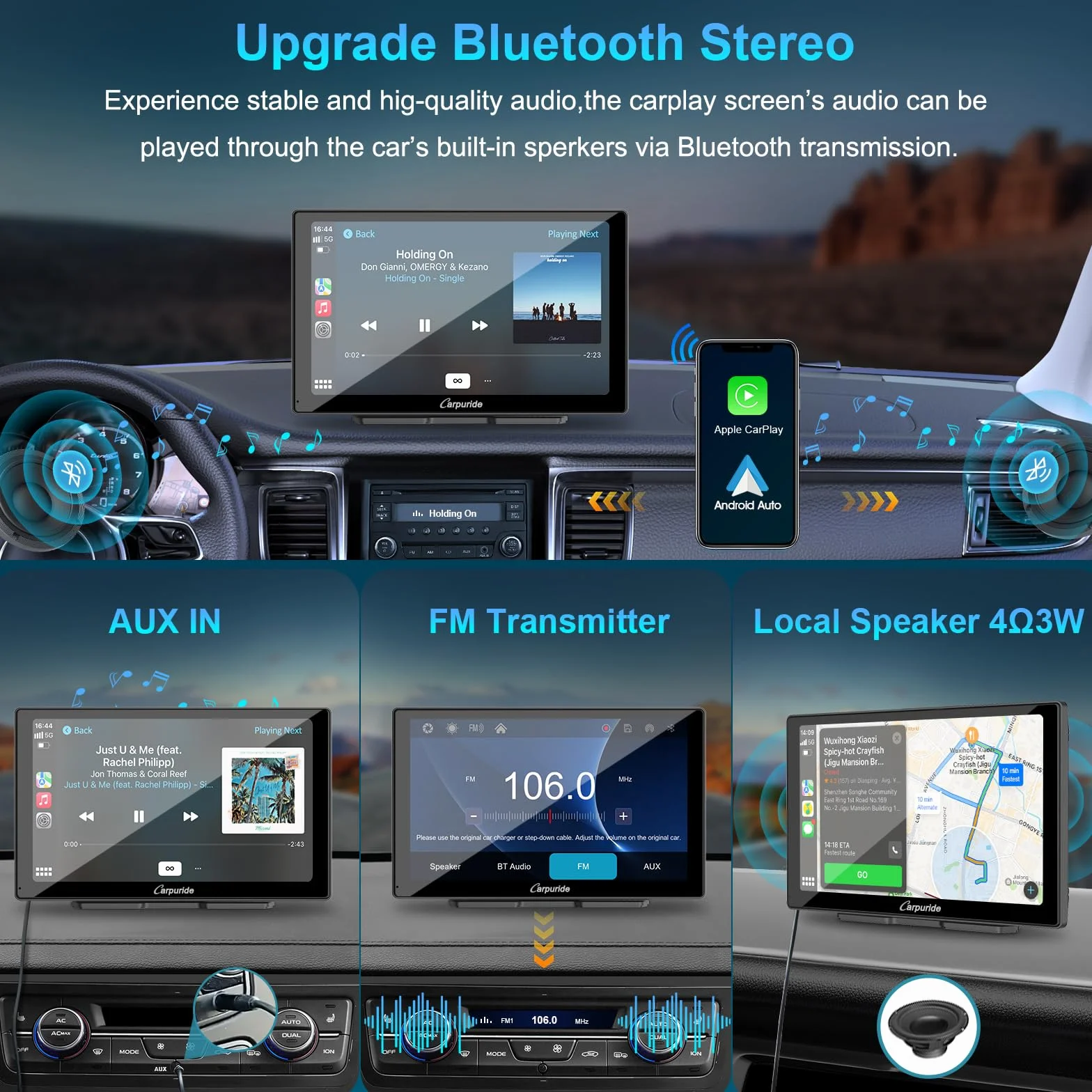 Carpuride W905 Bezprzewodowy odtwarzacz samochodowy Carplay i Android Auto z kamerą samochodową, przenośny 9-calowy ekran dotykowy HD, 4K przednia i tylna kamera, nagrywanie pętlowe, Bluetooth, Mirror
