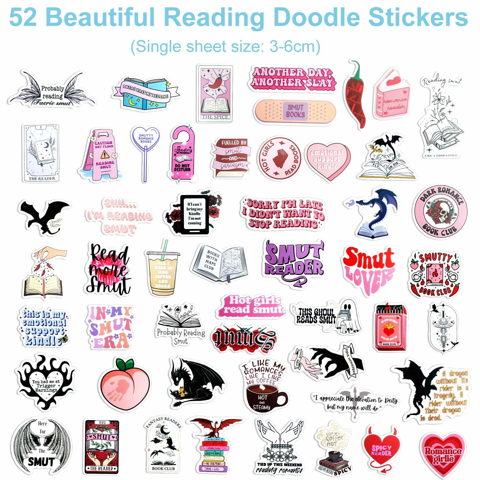 Aesthetic Bookish zestaw naklejek – 52 sztuki naklejek Kawaii na książki, laptopy, Kindle, notatniki, telefony komórkowe – wodoodporne naklejki dla dziewcząt i kobiet, pomysł na prezent dla miłośników