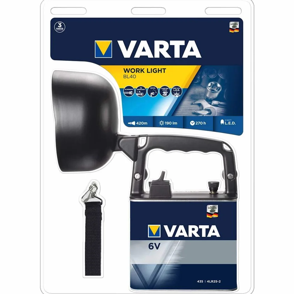 Varta 4 W LED Work Light (w zestawie bateria High Energy 6 V, lampa robocza, latarka, latarka, reflektor ręczny, lampa warsztatowa, lampa robocza – czas pracy do 270 godzin – z paskiem do noszenia)
