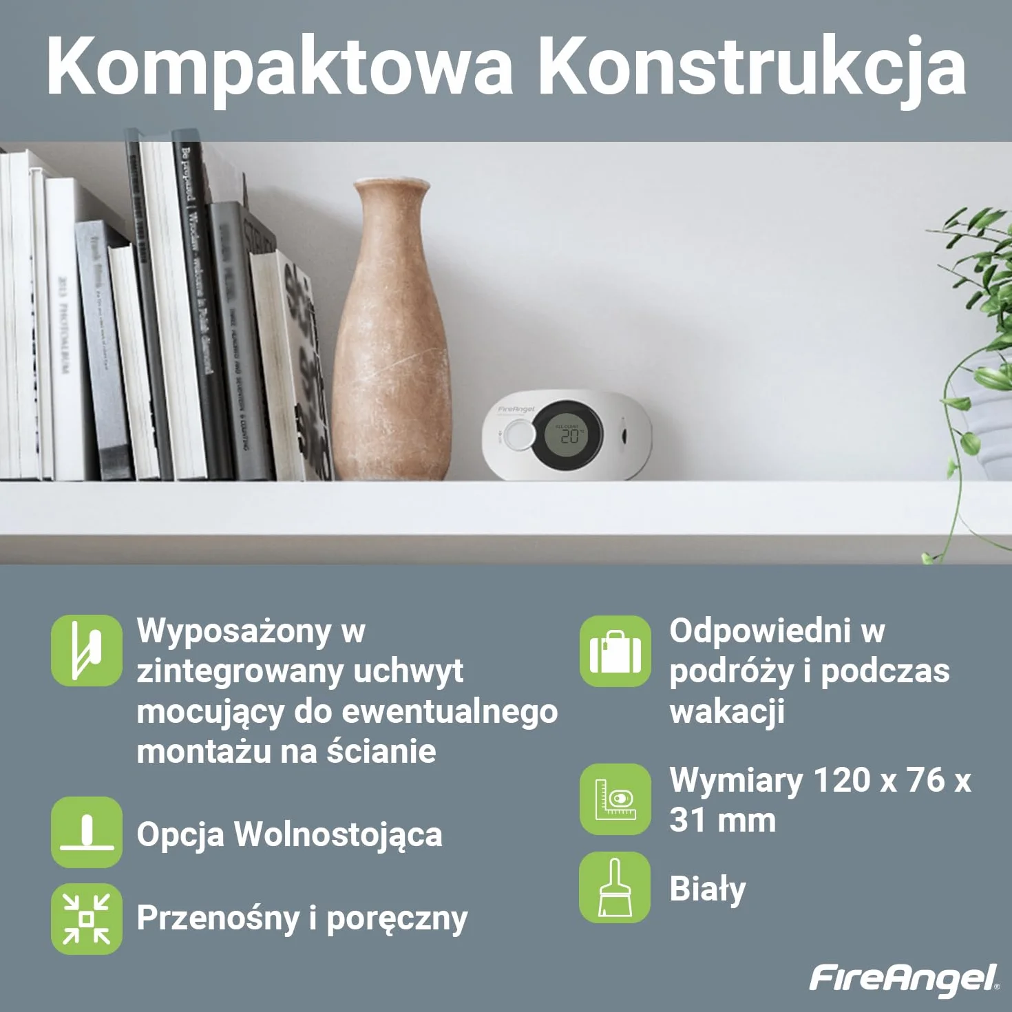 Fire Angel FA3322 Cyfrowy Czujnik Czadu - Czujnik Wilgotności, Baterią na 10 Lat – Przenośna Czujka Czadu i Detektor Ciepła do Domu i w Podróży