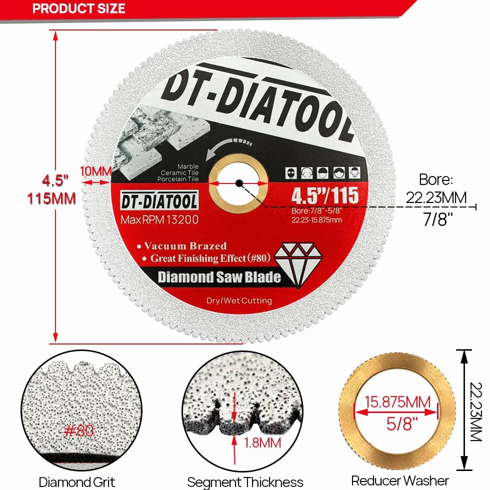 DT-DIATOOL Diamentowe ostrze 10 cm, 2 sztuki, do marmuru, płytek ceramicznych, płytek porcelanowych, granitu, sztucznego kamienia, lutowanej próżniowo, diamentowa tarcza tnąca do szlifierki kątowej,