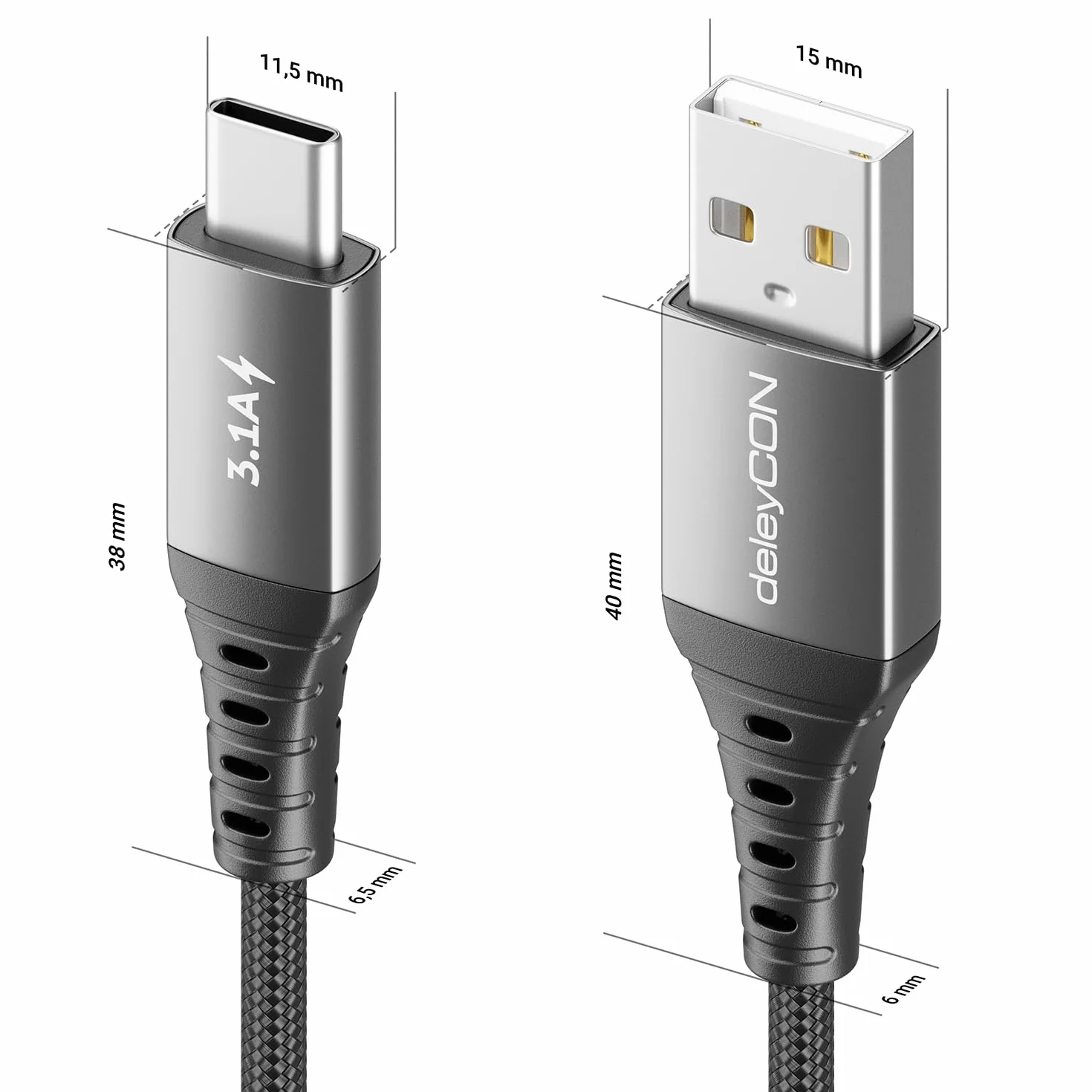 deleyCON Kabel USB-C 3,1A 1m USB-A do USB-C Ładowanie i Dane