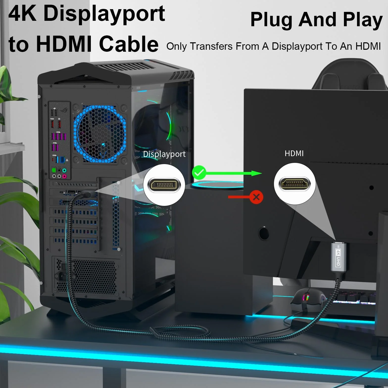 DisplayPort auf HDMI Kabel 4K 3M Nylon Geflochten Unidirektional DP zu HDMI