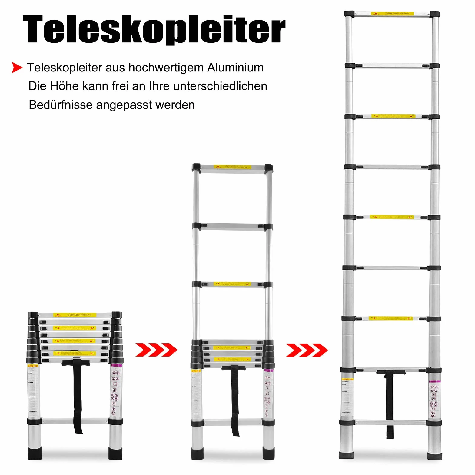 FIVMEN Drabina teleskopowa 3,2 m, wysuwana, aluminiowa, z 11 szczeblami, drabina aluminiowa, wysuwana, do strychów, magazynu, nośność 150 kg, srebrna