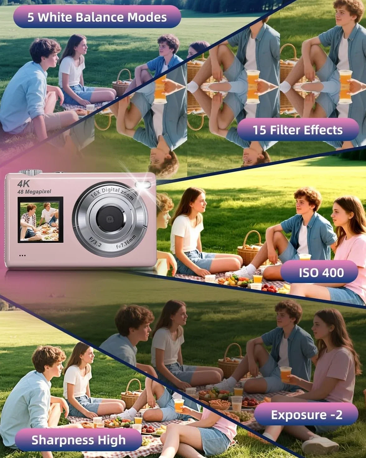 ARNSSIEN Aparat Cyfrowy 4K 48MP Podwójnym Ekranem Autofokus 16X Zoom Stabilizacja Obrazu Karta 32GB