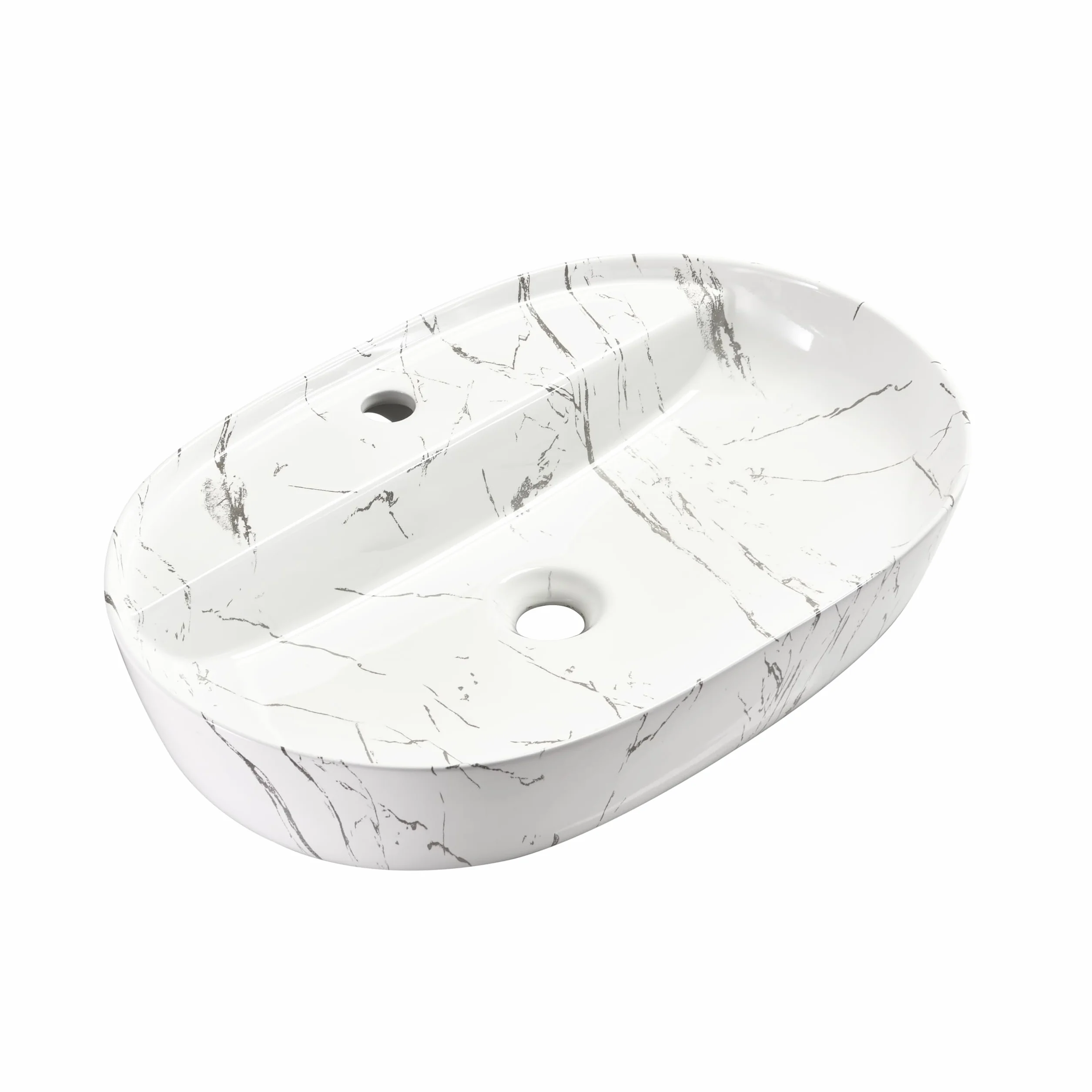 Umywalka owalna ceramiczna - 60 x 40 x 13 cm - nablatowa biały/marmur i WC dla gości - do rąk