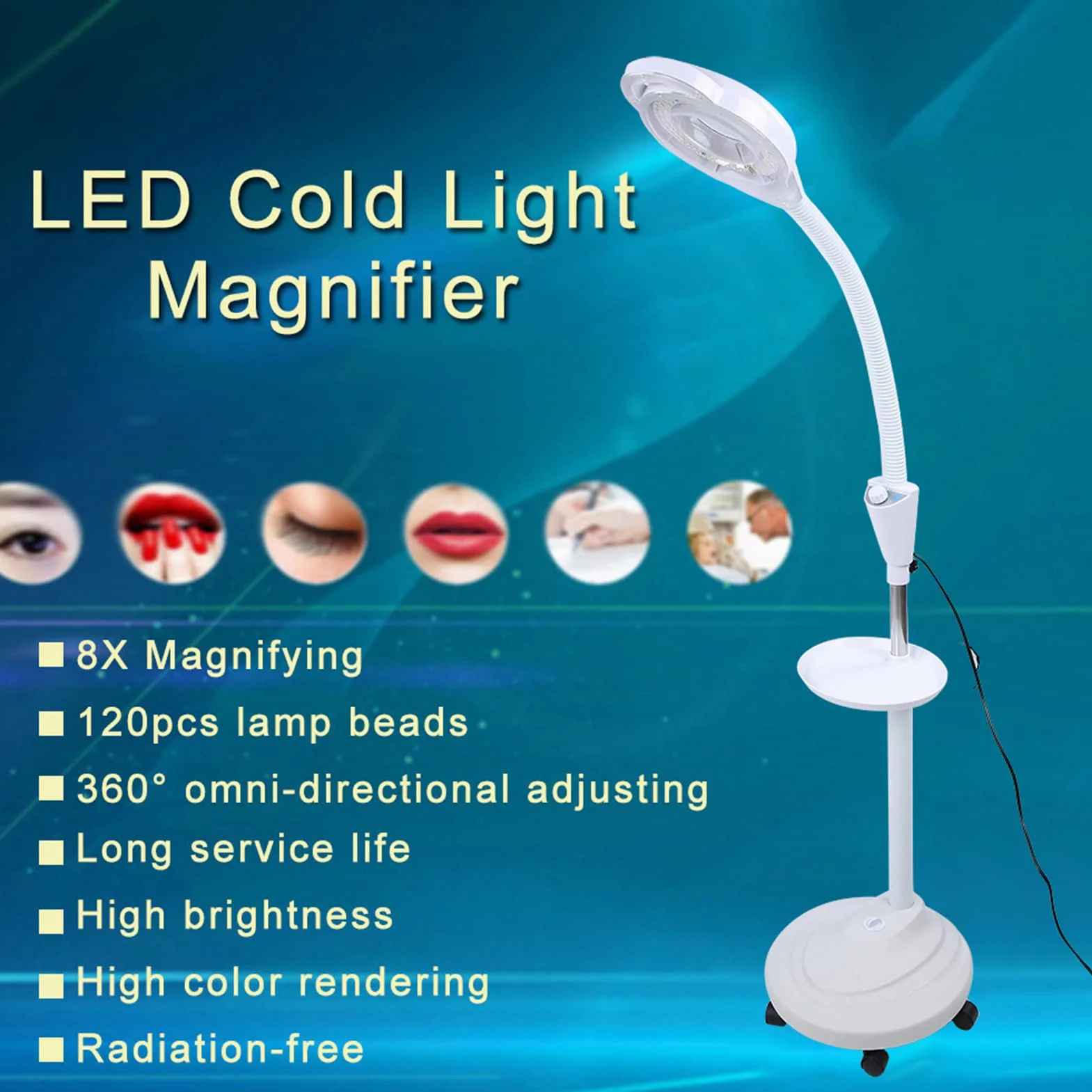 Lampa do tatuażu LED, 8-krotnie powiększająca lampa podłogowa z regulowaną wysokością, 120 kulek lampy, obrót o 360 °, 5 kół wielokierunkowych, salonowe zimne światło do