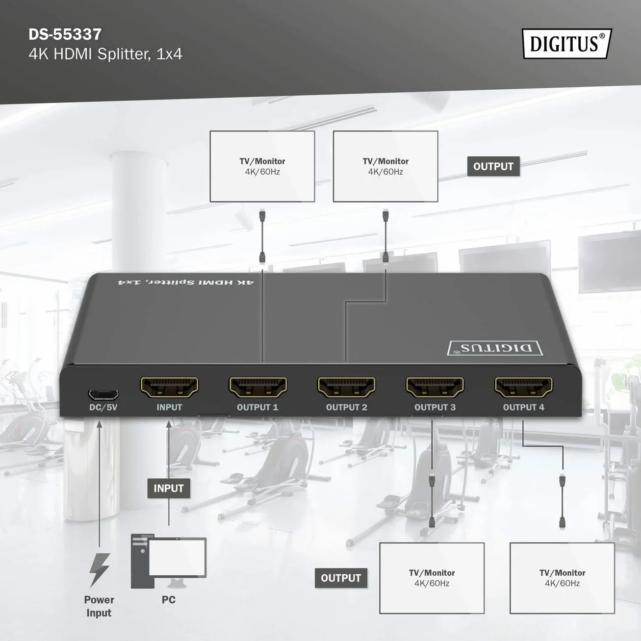 DIGITUS DS-55337 Rozdzielacz HDMI 1x4 - Wejście: 1-port/Wyjście: 4-port - UHD 4K/60 Hz HDTV: 3840 x 2160p - HDCP 2.2 - HDR, Deep Colour, przełącznik EDID, DTS, Dolby Digital, LPCM